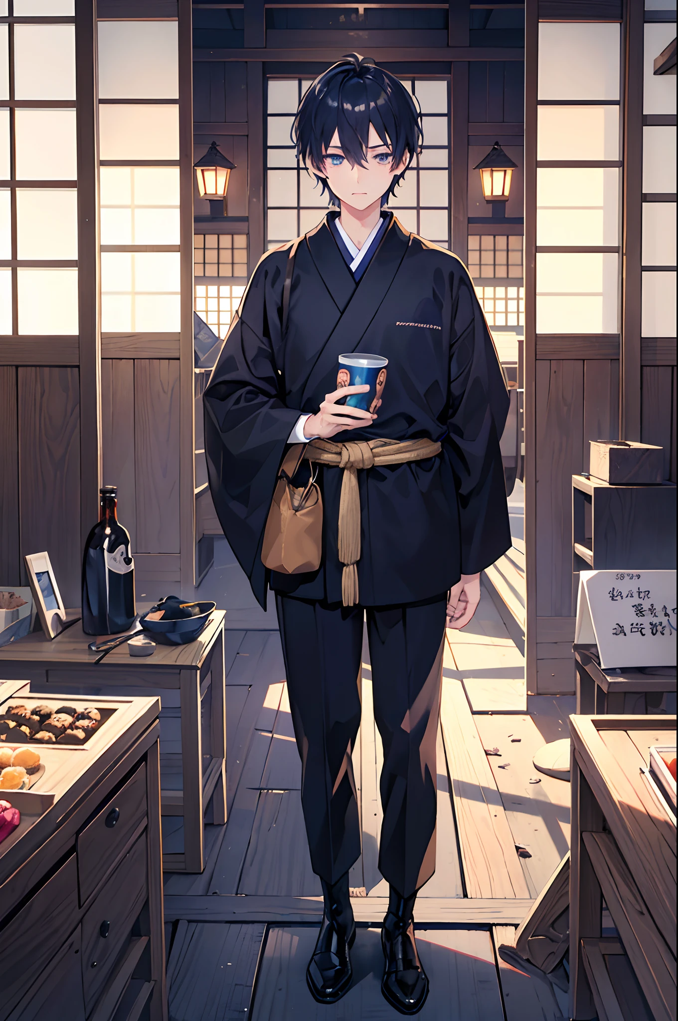 male people Dark blue short hair blue eyess Sweaters Brown Slacks long boots Japanese houses in the room、Eat oden Halloween the bats masterpiece Top image quality Clear Parts Cinematic Shadows Increased attractiveness of the eyes Clear the shine of the eyes Draw eyelashes neatly Perfect Eye A detailed eye Sharpen image quality Sharpen eye writing Clear eye shape