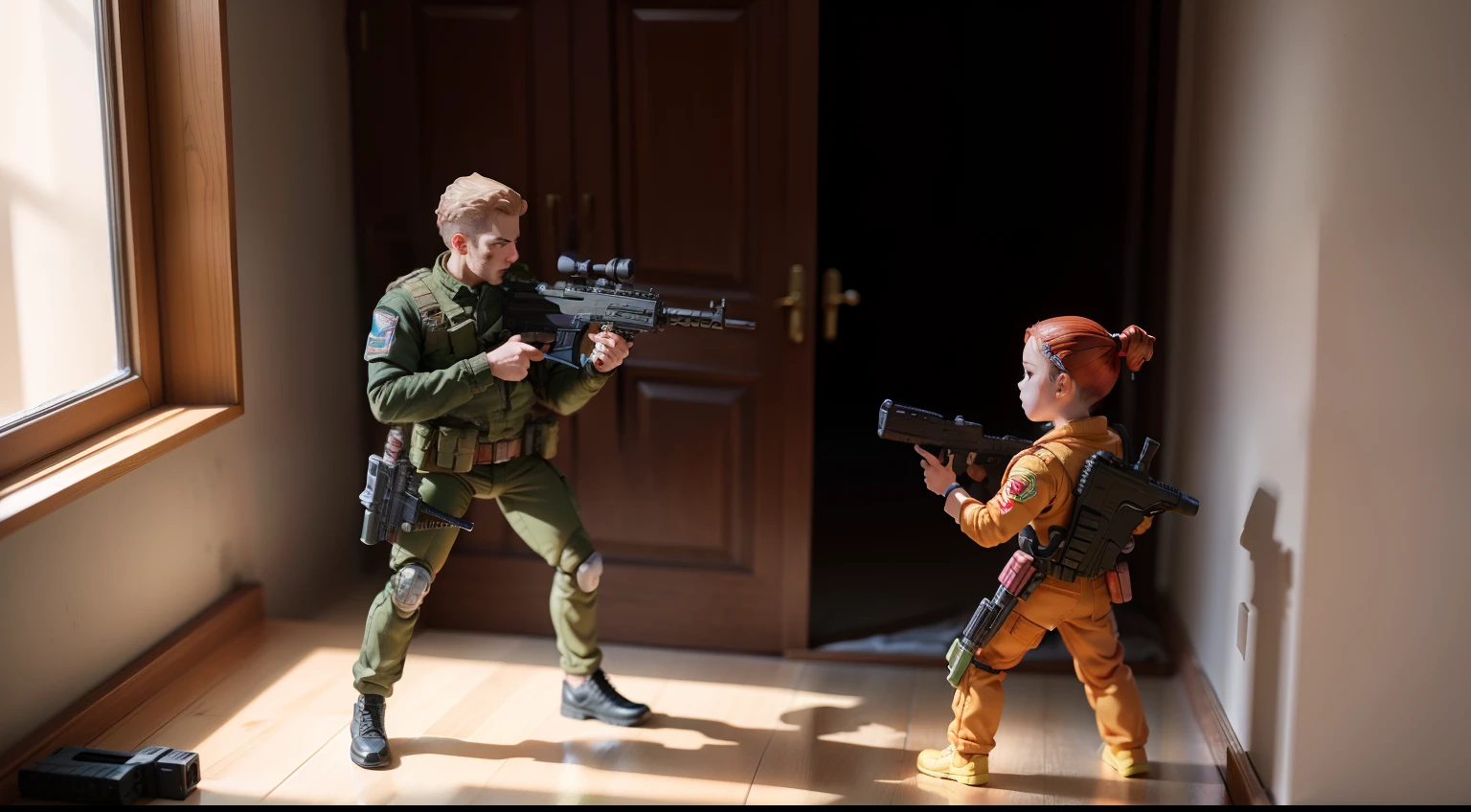 action figures with guns fighting in a 's bedroom