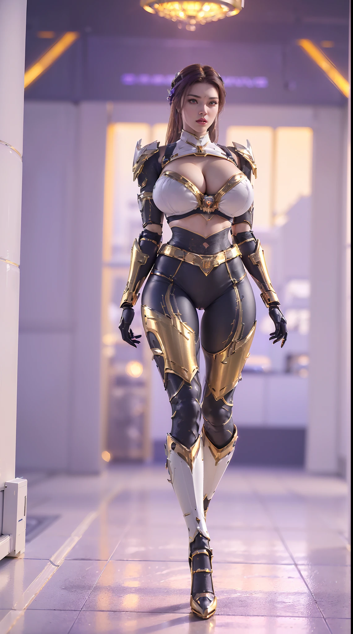(Devouring the Starry Sky), (1GIRL,SOLO:2), (super detailed face), ((BIG BUTTOCKS, HUGE FAKE BREASTS:1.5), (CLEAVAGE TOP:1.5), (11 LINE ABS FEMALE:1.4), (MECHA GUARD ARMS:1.4), ((WEAR PURPLE GOLDEN OVERWATCH MECHA ARMOR CROP TOP, BLACK MECHA SKINTIGHT SUIT PANTS, MECHA GUARD ARMOR LEGS, HIGH HEELS:1.5)), (LEWD VOLUPTUOUS BODY:1.3), (GLOWING SKIN:0.8), (LONG LEGS, FULL BODY:1.1), (LOOKING AT VIEWER:1.3), (female focus:0.886), (WALKING DOWN HALLWAY OF FUTURISTIC SPACE STATION:1), (BRIGHT LIGHT WHITE_ROOM:1.3), SUPER TEXTURE, UNREAL ENGINE RENDER, PHYSICALLY-BASED RENDERING, ULTRA HIGHT DEFINITION, 16K, 1080P.