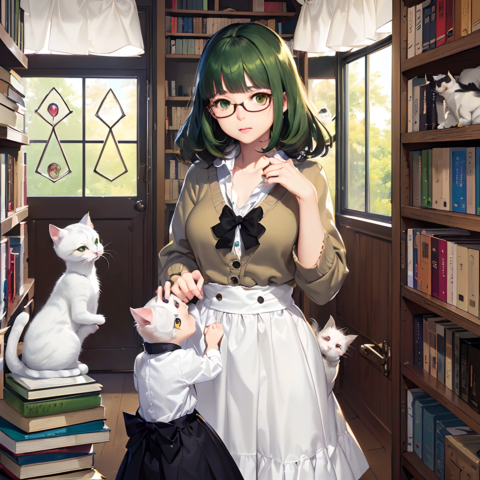 ​masterpiece、top-quality、High-quality images、hight resolution、8K、1lady、Three cats、detaileds、Detailed eye depiction、skin gloss、Lustrous hair、　　　　((short dark hair、More disheveled hair、I'm wearing round glasses、real  face、Good posture、long  skirt、Cardigans in muted colors、Its name is Monaca Kashino:1.3))、　((Kittens、A White Cat、Newborn:1.3))　((obedient character、Not very confident、Emotional manifestation:1.2))　((Narrow old room、Lots of bookshelves、Pile of used books))　　　I made a grace period.、They don't seem to listen to what I say.、Reduce the screen