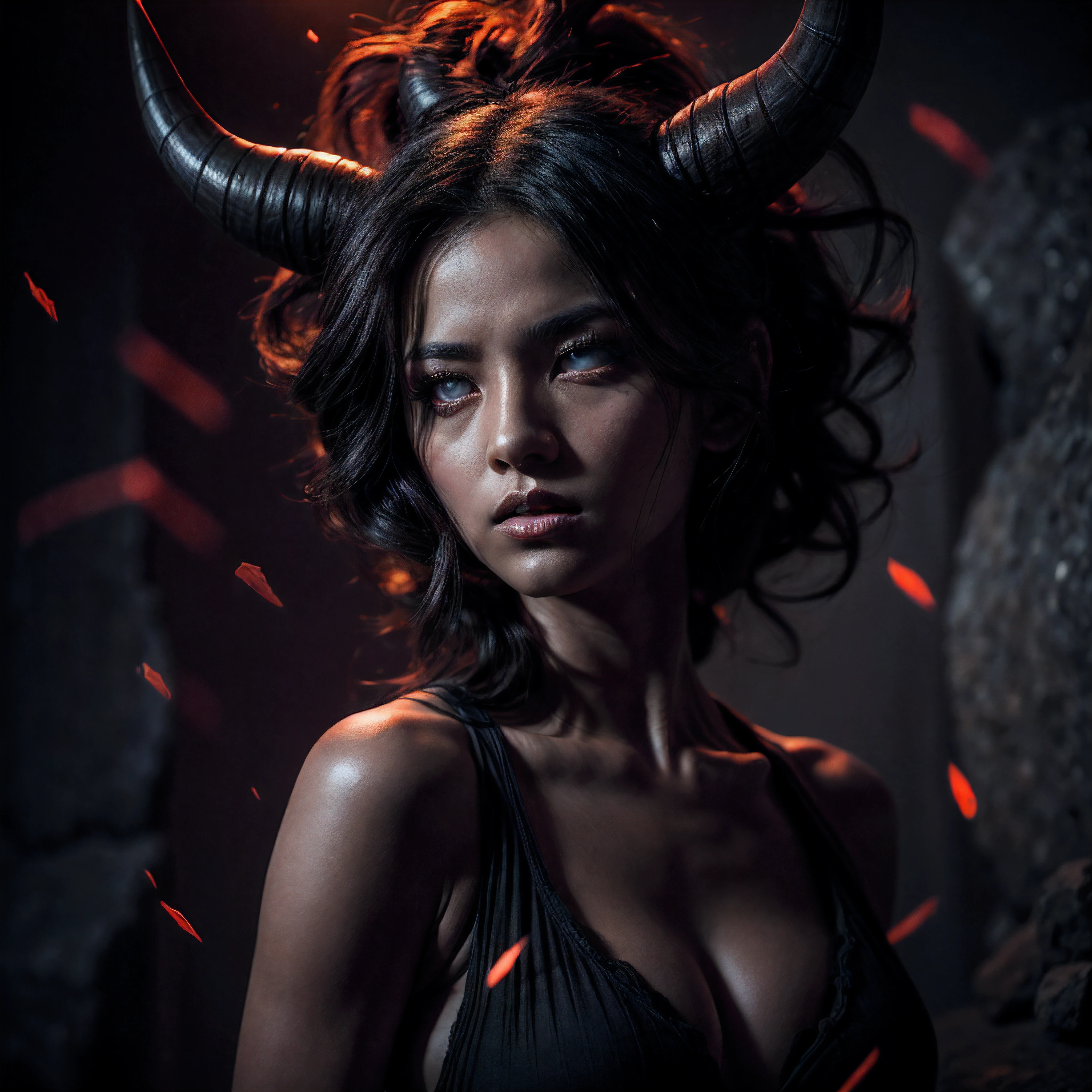 (Cinematic, emotional:1.3), (dynamic pose:1.2), (complex image:1.2), portrait of a menacing horned woman devil made of charcoal black stone, in a confident pose against a stone backdrop, surrounded by luminous red particles, voluminous black hair highlighted, contour light, confident expression profiled, whiteeyes, semi-closed eyes, (strong body, small breasts, black accents), the photograph captured in stunning 8k resolution and raw format to preserve the highest quality of details, (her eyes are portrayed with meticulous attention to detail: 1.3), The photograph is taken with a lens that emphasizes the depth in her eyes, the backdrop is a dark room setting that enhances the colours of the scene. The lighting and shadows are expertly crafted to bring out the richness of her skin tone and the intense atmosphere. Her hair adds contrast against her skin, the overall composition captures her essence with authenticity and grace, creating a portrait that celebrates her heritage and beauty. Photography utilizing the best techniques for shadow and lighting, to create a mesmerizing portrayal that transcends the visual,