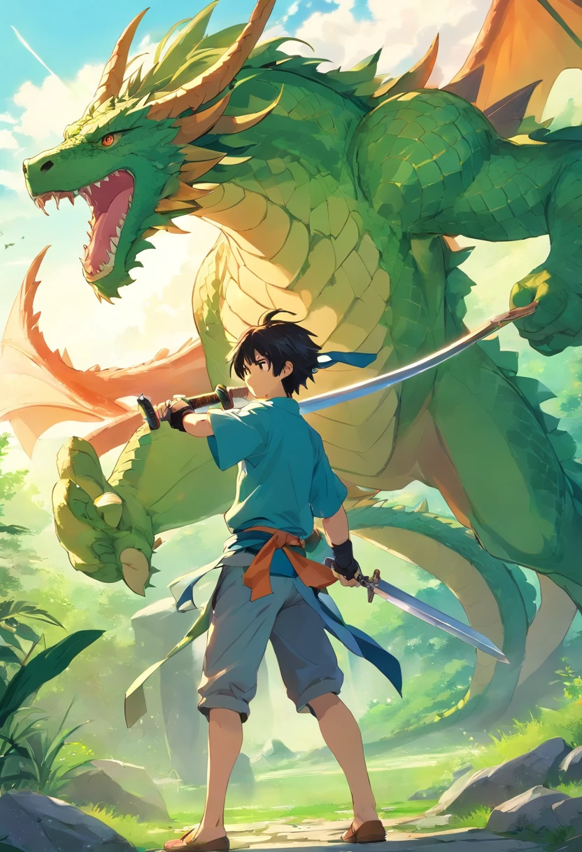 Male character carrying a sword fighting a dragon,The image must be generated from behind the character so that you can see his entire body and in front of him the dragon, The green dragon with some scars, o personagem utilizando de uma roupa leve estilo roupas orientais antigas com seu cabelo grande solto, The environment consists of a lawn and stones