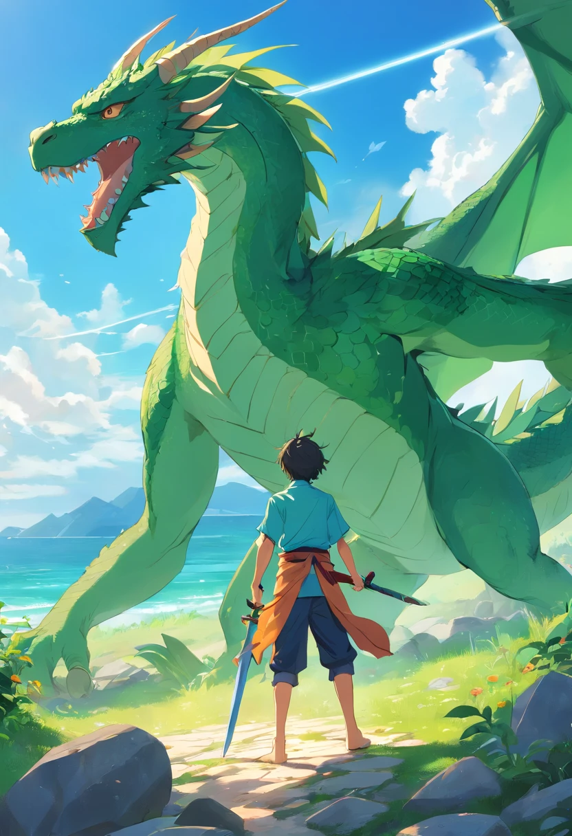 Male character carrying a sword fighting a dragon,The image must be generated from behind the character so that you can see his entire body and in front of him the dragon, The green dragon with some scars, o personagem utilizando de uma roupa leve estilo roupas orientais antigas com seu cabelo grande solto, The environment consists of a lawn and stones