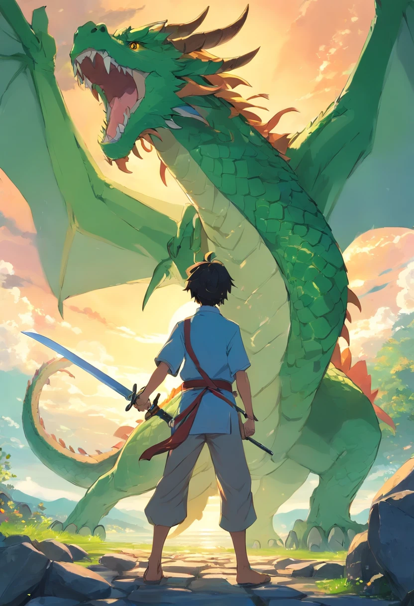 Male character carrying a sword fighting a dragon,The image must be generated from behind the character so that you can see his entire body and in front of him the dragon, The green dragon with some scars, o personagem utilizando de uma roupa leve estilo roupas orientais antigas com seu cabelo grande solto, The environment consists of a lawn and stones