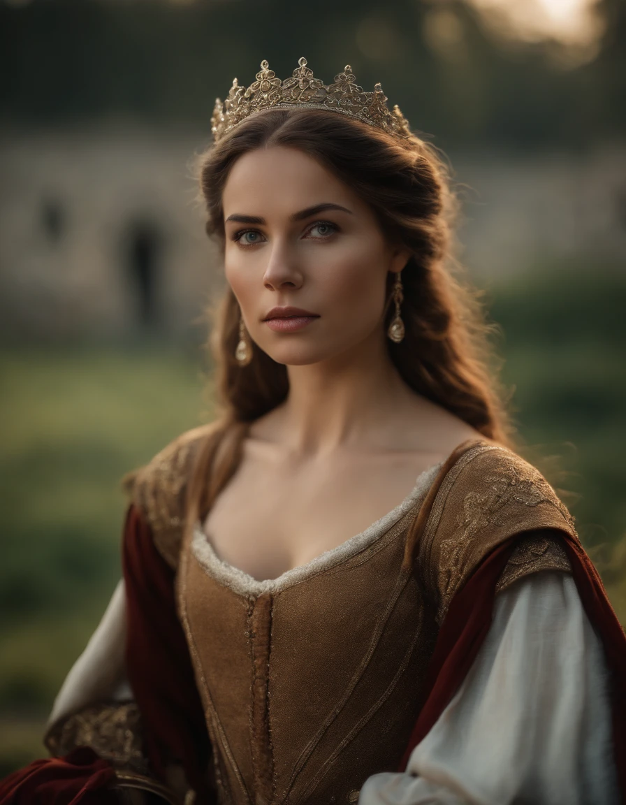 cinematic portrayal, ((parte superior do corpo)), facing the audience, (realidade :1.3), A foto de arte mais bonita do mundo, a woman looking into the camera, Vestido de corte medieval europeu, gorgeous, gaze macia, rosto bonito detalhado, Action Shooting, (intrincado :1.4), fundo medieval da corte, foto realista, CG, Art Station