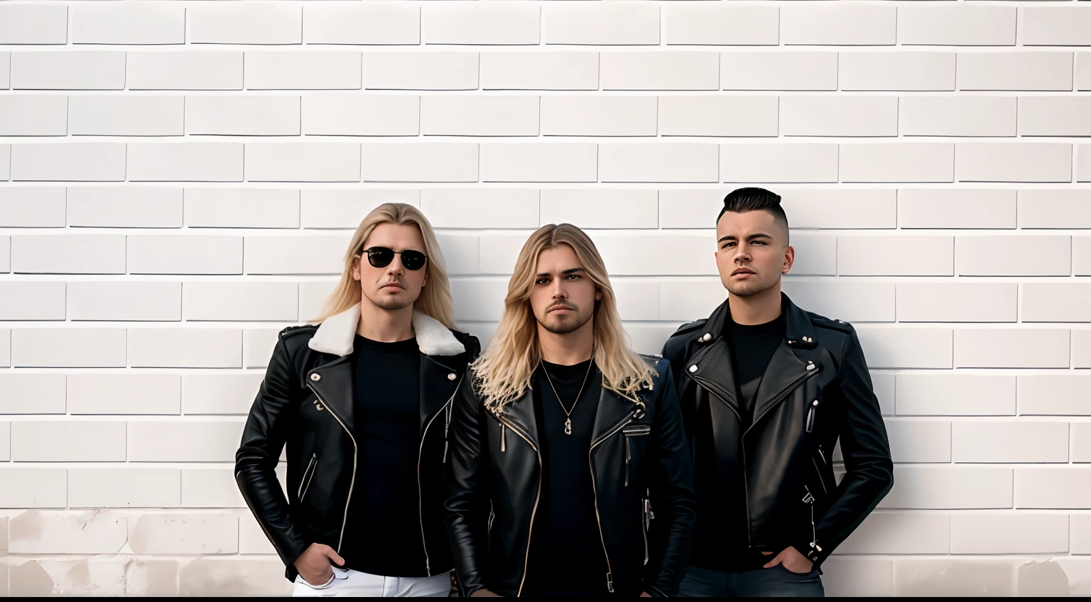 a group of Russian rock boys, in leather jacket and black clothing, with long blonde hair, close up, standing in front of a wall of white tiles, white wall, basic white background, white wall background, wall, white background background, brick wall background, made of all white ceramic tiles, cement brick wall background, brick wall, white stone wall background, brick, wall, minimalist background, simple white background, plain white background, pink floyd