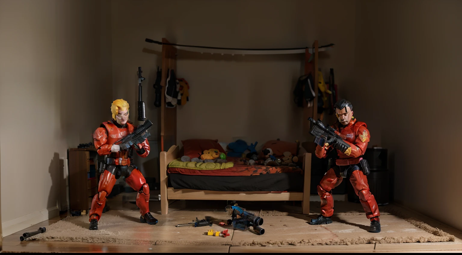 action figures with guns fighting in a child's bedroom