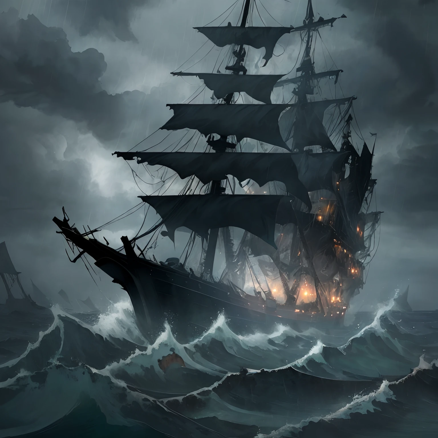 masterpiece、hightquality、Landscape painting、Detailed landscape painting、Very dark sky、black clouds、In the darkness、a dark night、Wide ocean、Ōlan、Detailed heavy rain、Detailed raindrops、Thick intense thunder、Detailed lightning、The sea is very intense and rough、Very large waves、A decaying ghost ship wandering through a thunderstorm、The sails are tattered and hanging、Detailed battered ghost ship、A crumbling ghost ship、Black Ghost Ship、The ghost ship is heavily tilted、Black fog around the ghost ship、Black aura、Island in the distance々Looks