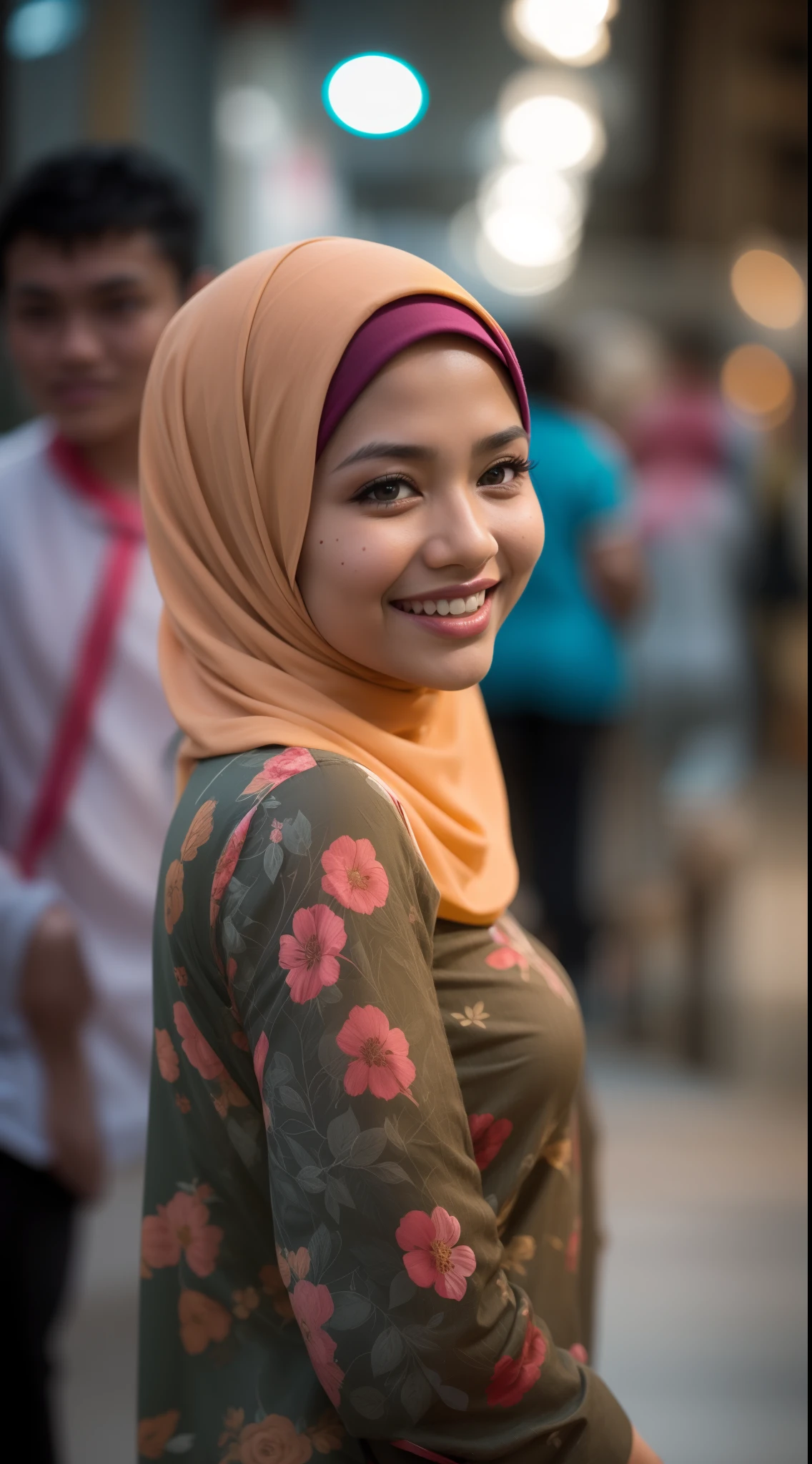 Malay girl in hijab wear small floral baju kurung malaysia in college, wear back pack, back view, detail skin, detail skin texture, mole below eyes, small breast, big hip, big waist, big round ass, big thigh, slim abs, beautiful body, nighttime, laughing, happy, bright lighting, college student in background, crowded college, blur background, bokeh,