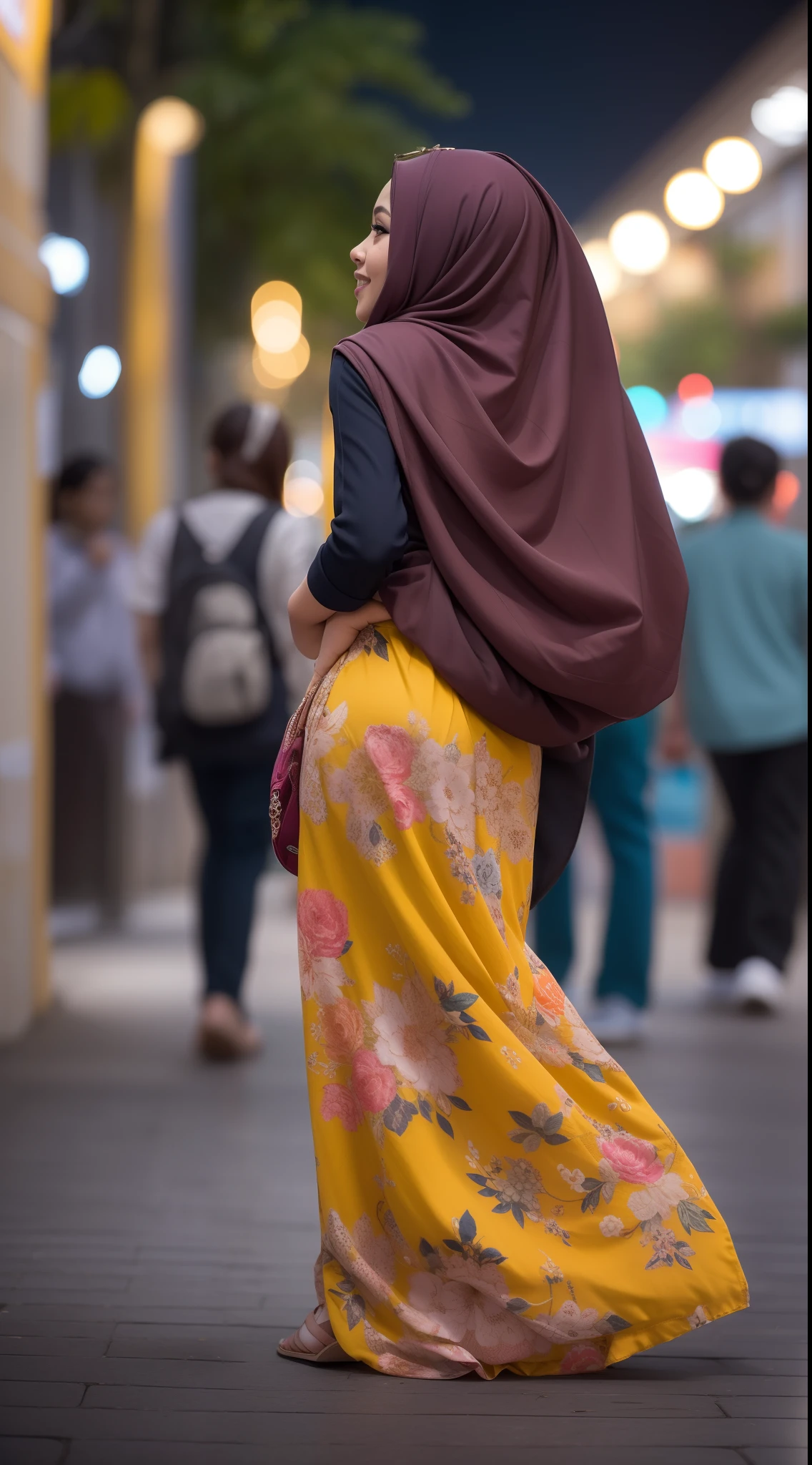 Malay girl in hijab wear small floral baju kurung malaysia in college, wear back pack, back view, detail skin, detail skin texture, mole below eyes, small breast, big hip, big waist, big round ass, big thigh, slim abs, beautiful body, nighttime, laughing, happy, bright lighting, college student in background, crowded college, blur background, bokeh,