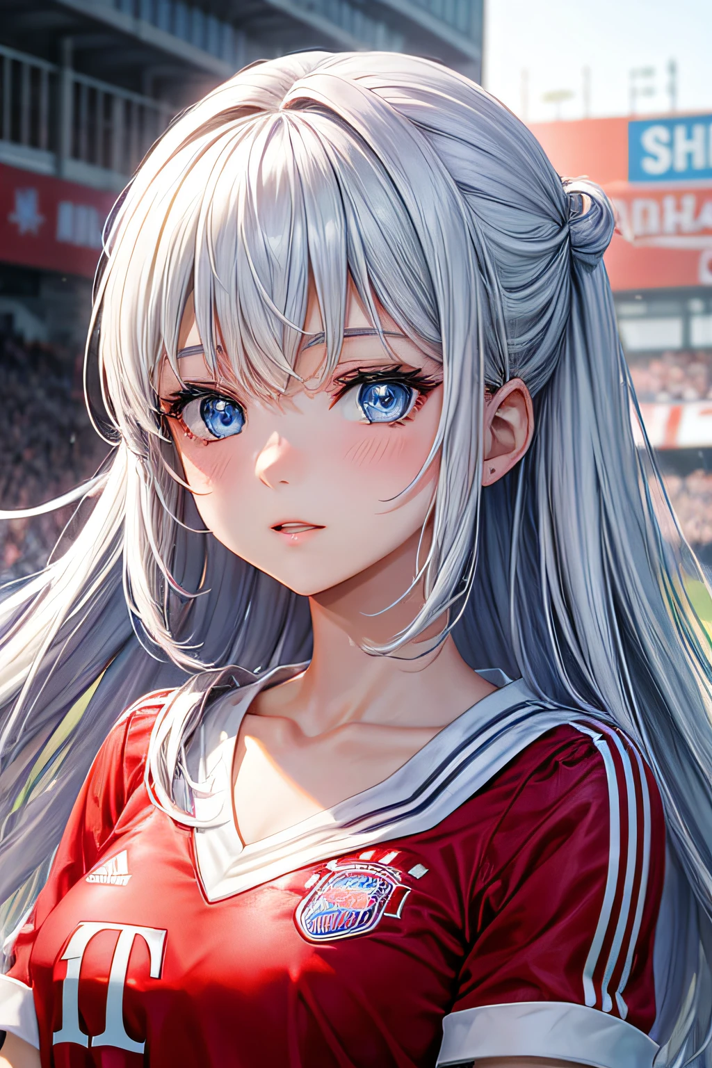 1girl, blue eyes, white air, Bayern Munich, red shirt