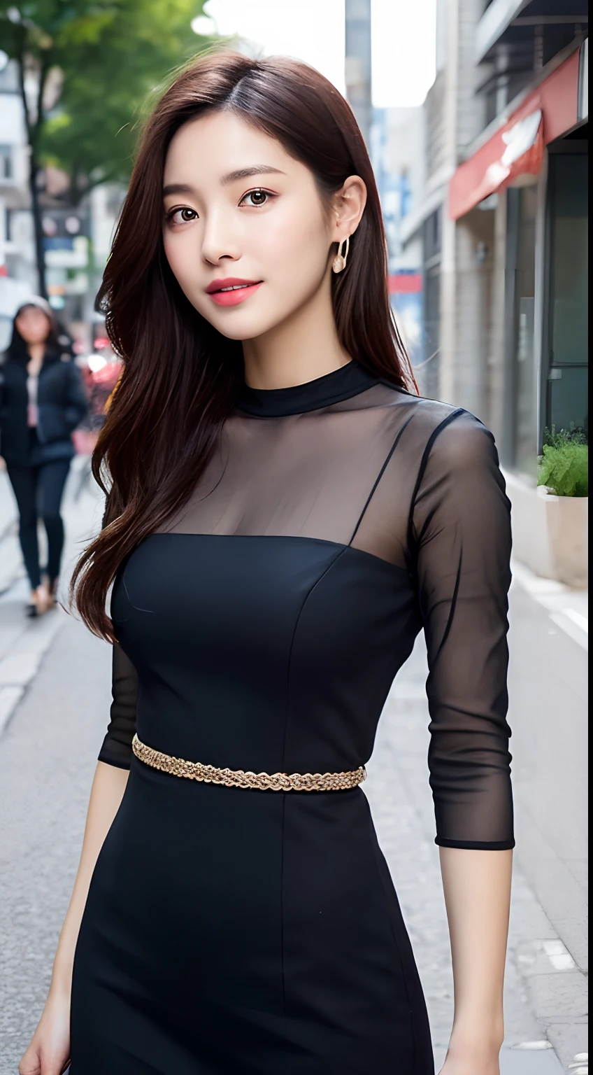 ((best qualtiy,8k,tmasterpiece:1.3)), 1girll, ssmile, full bodyesbian, Slim Faces, Beautiful woman, (dark brown hair), full length dress :1.1, Super detailed face, Detailed eyes, 二重まぶた, blur backgroun, Slim Faces, 城市, do lado de fora, the street,(Age in his 40s:1.5),Bust photo,There are slight wrinkles on the face