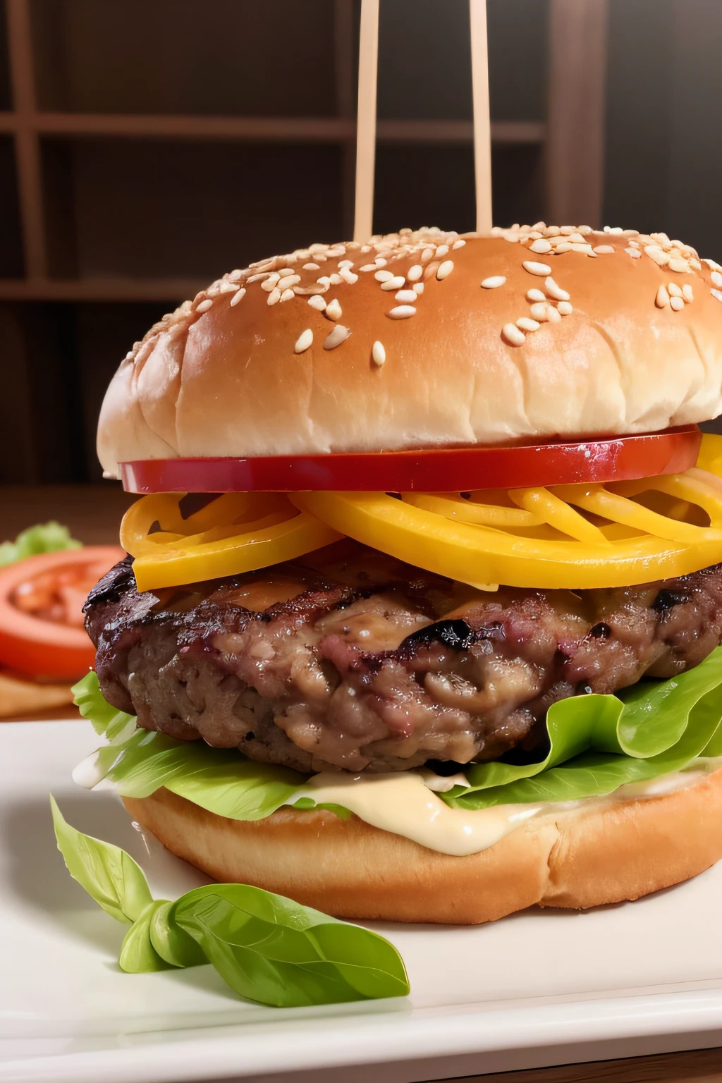 Delicious and juicy burger, Mouth-watering，4K Ultra HD, 超高分辨率, (Photorealistic: 1.4), Best quality，Masterpiece，（pastel colour：1.2）