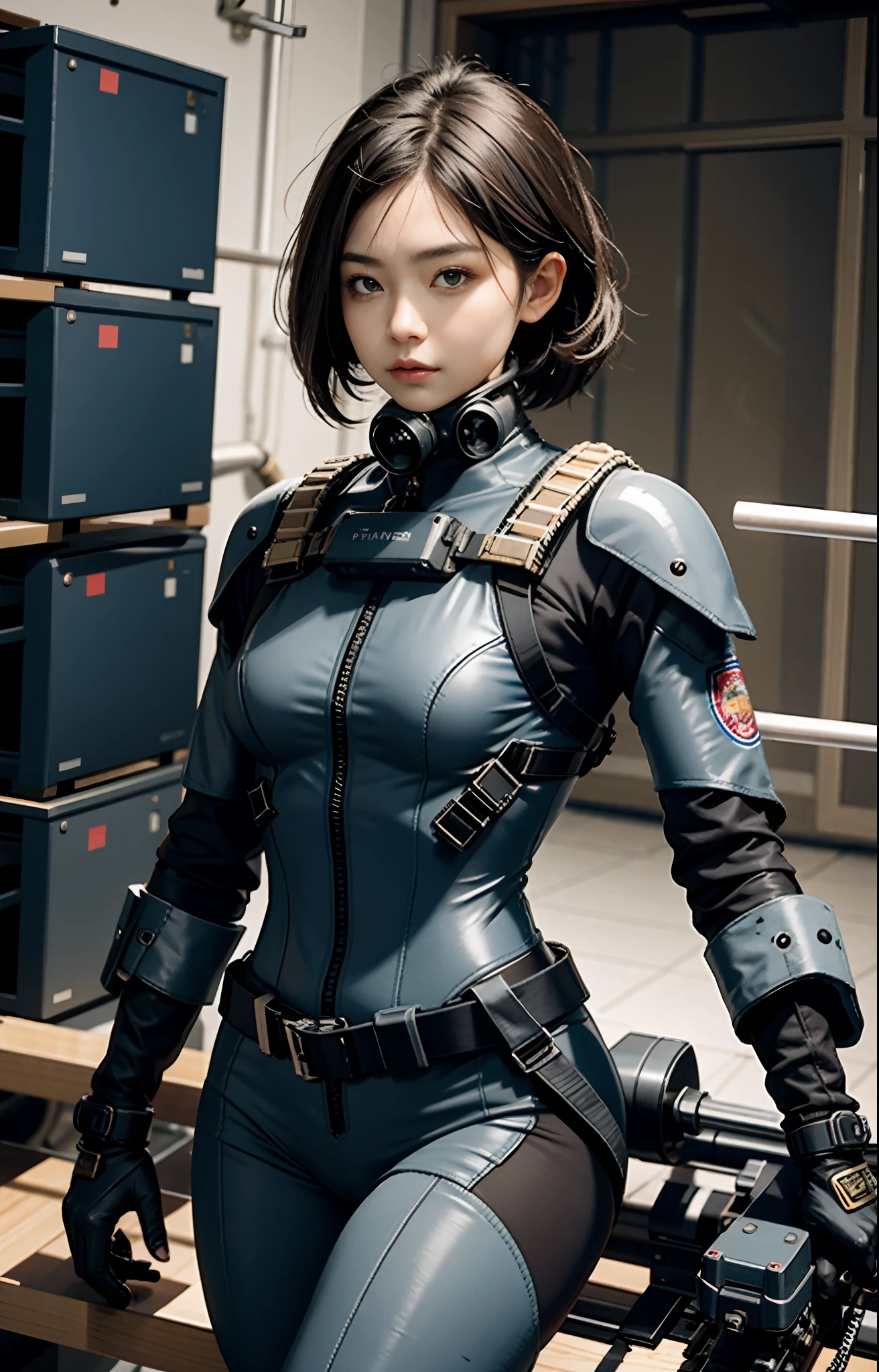 Arafed woman in a blue suit holding a gun and a camera - SeaArt AI
