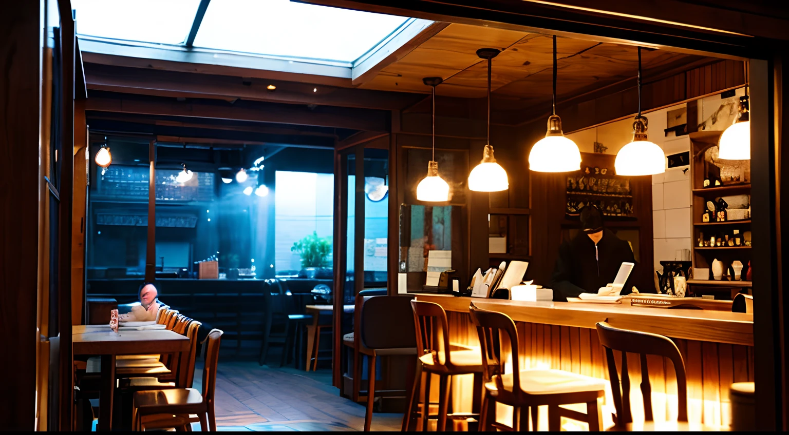 tea shop、Light from the window、desk work、a chair、wooden、Inside the restaurant