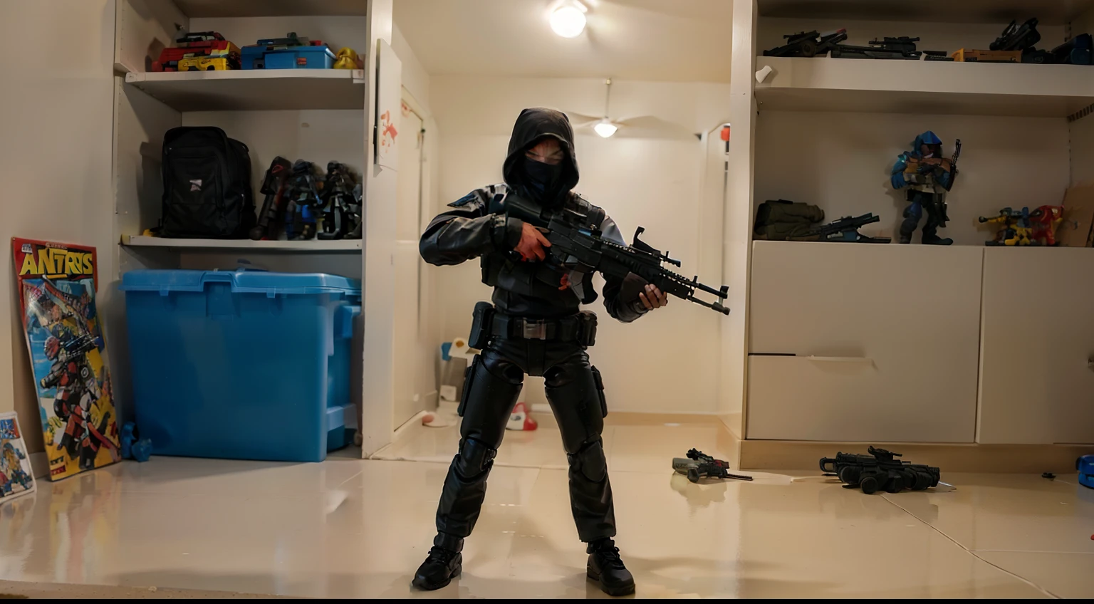 action figures with guns fighting in a 's bedroom. plastic bullets, oversized room