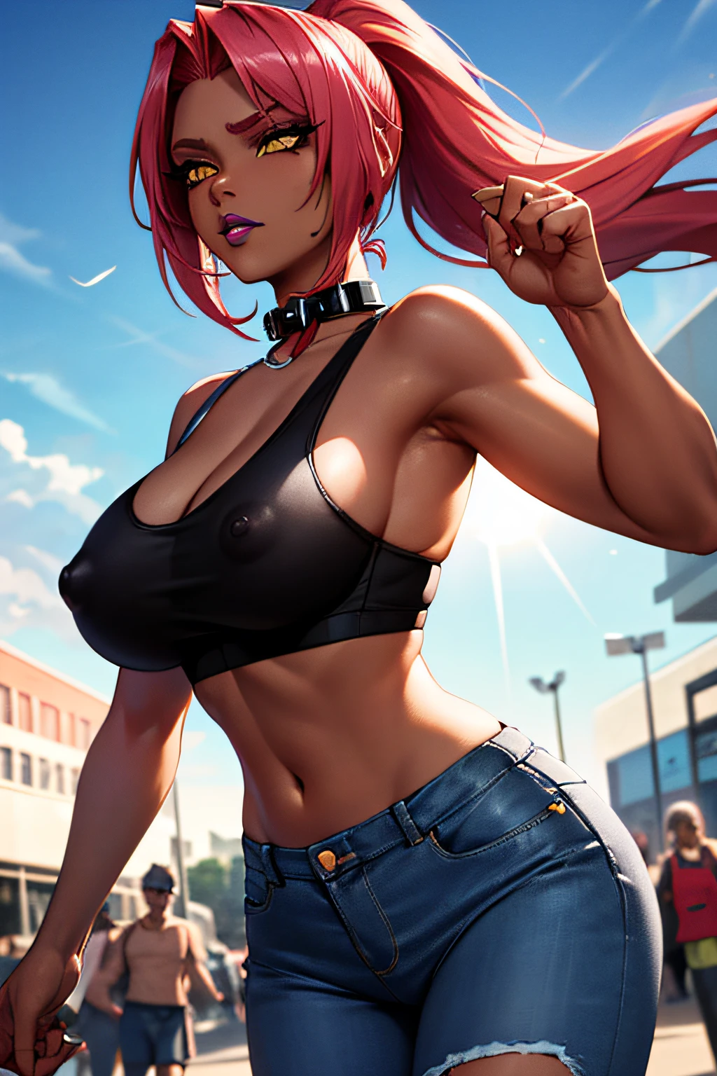 ingrid,large breasts,erected nipples,mature female, (dark-skinned female:1.2), dark skin, determined, pink red hair, ponytail,Soft tendril hair, hair intakes, makeup, lipstick, (mole under mouth:0.8), eyelashes, yellow eyes,(sports bra top:1.2),(damaged short denim pant:1.2), outdoors,sunlight, spotlight effect,bright sky, blue sky with clouds,strong wind, (down town street),(highres, high quality:1.1), intricate details, cinematic lighting, 1girl,(cool beauty),(metal collar),dynamic fighting pose,Light shines from the front