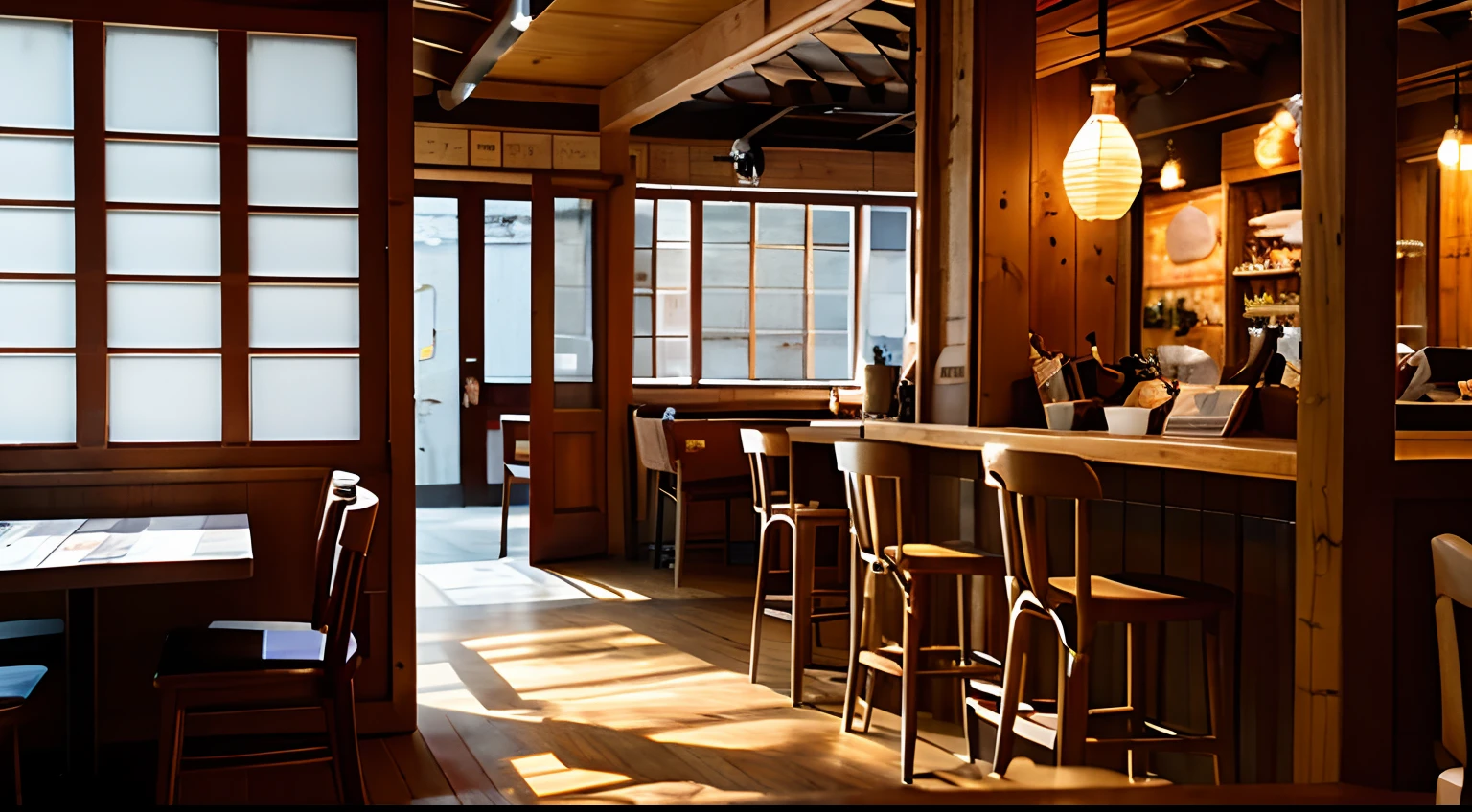 tea shop、Light from the window、desk work、a chair、wooden、Inside the restaurant