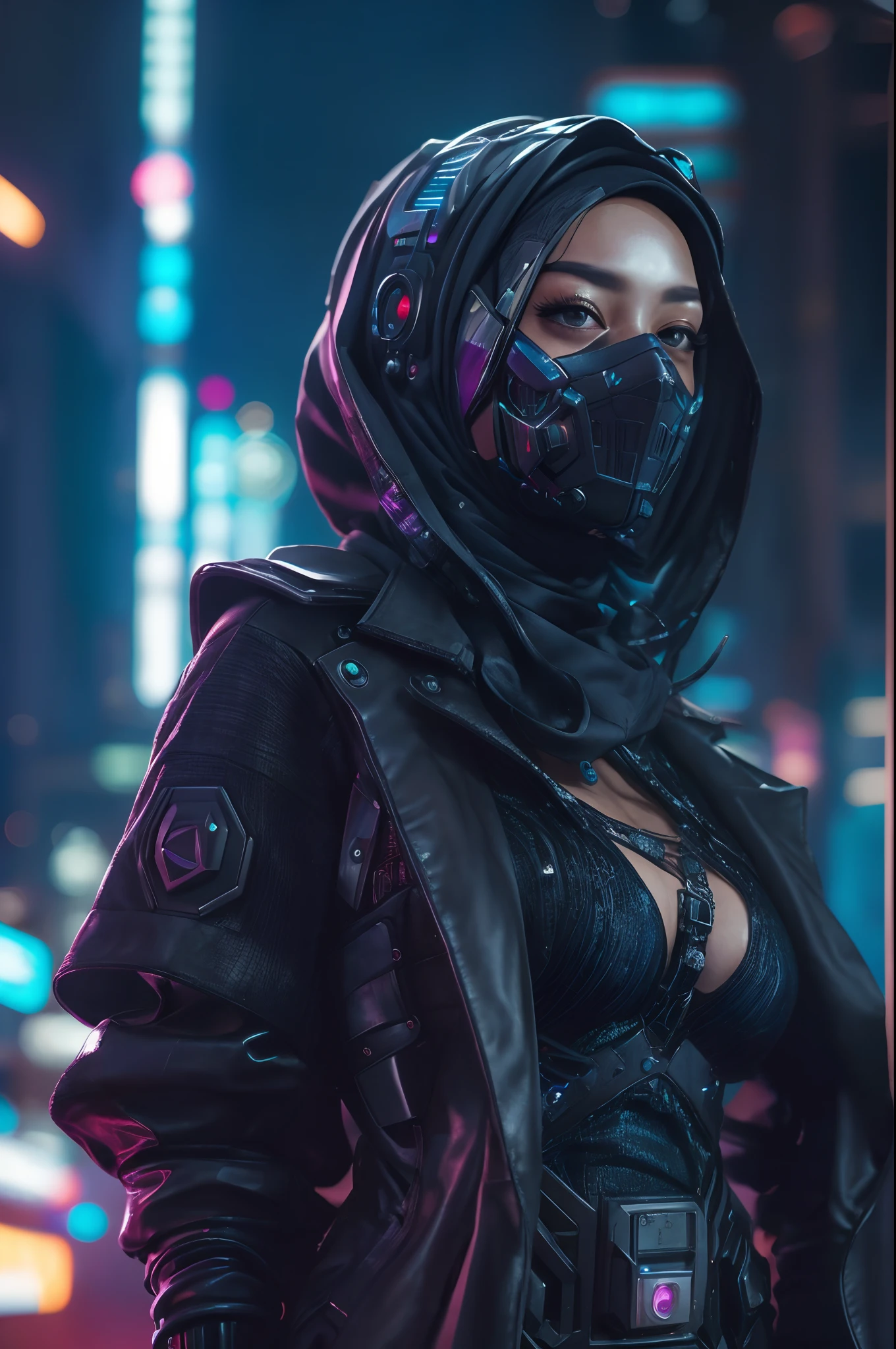 cyber punk malay Girl in hijab,(top-quality、8K、32K、masterpiece)、(The ultra -The high-definition)、(Photorealsitic:1.4), dynamic pose, cowboy shot, cyberpunk fashion,depth of fields, cyberpunk city background, cinematic lighting.