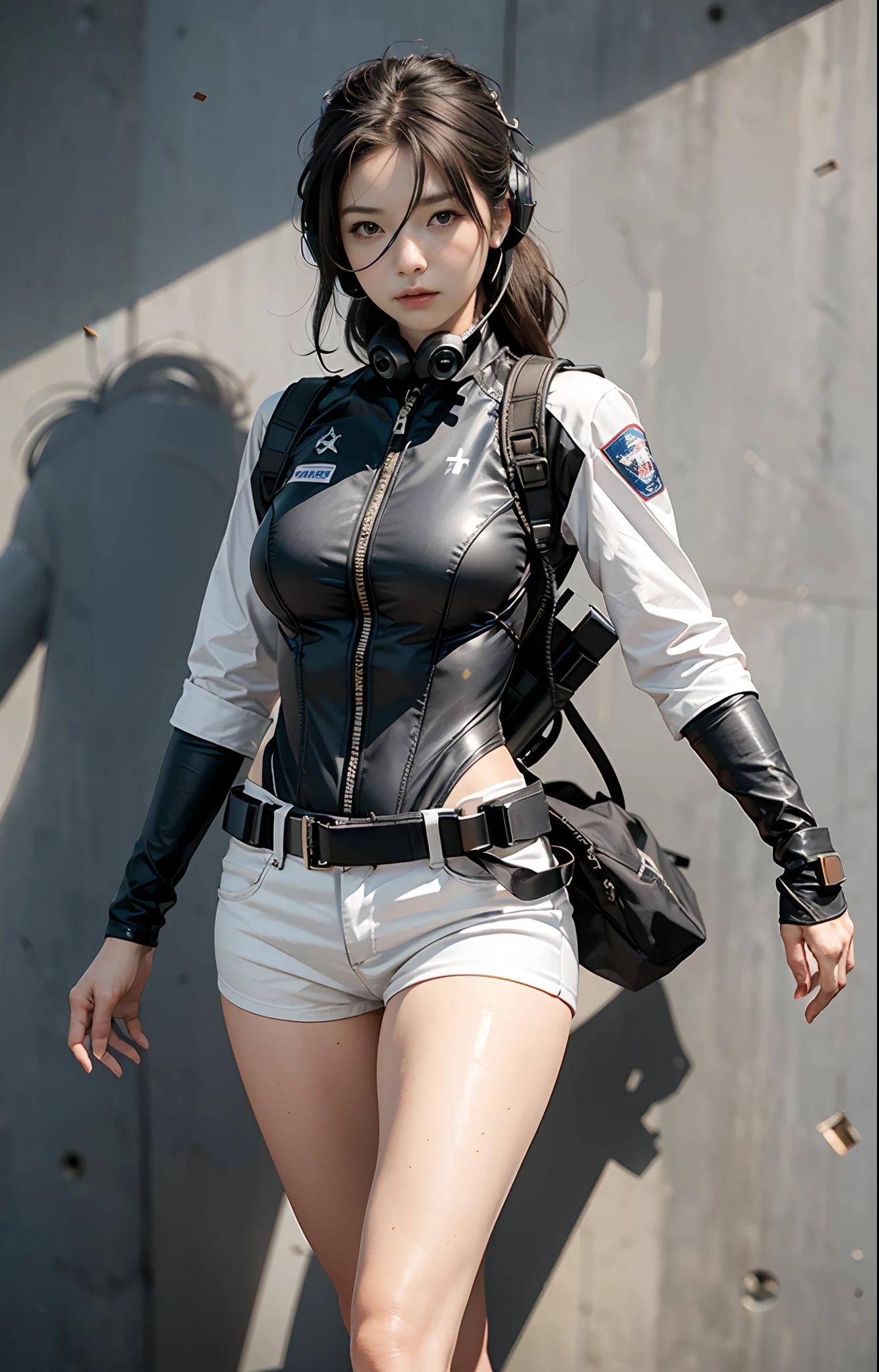 Highest image quality, outstanding details, ultra-high resolution, (realism: 1.4), ((close up:0.75)), highly condensed 1lady, with beautiful and a delicate face, perfect proportion, (Kicking To Viewer), (chubby:0.3, small breasts), (wearing racing suit likes police uniform, black and gray mecha, wearing high-tech headset, military harness, holding a machinegun), captain, background simple gray wall,