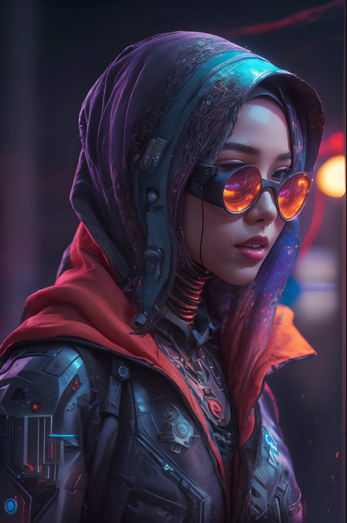 cyber punk malay Girl in hijab,(top-quality、8K、32K、​masterpiece)、(The ultra -The high-definition)、(Photorealsitic:1.4), dynamic pose, cowboy shot, cyberpunk fashion,depth of fields, cyberpunk city background, cinematic lighting.