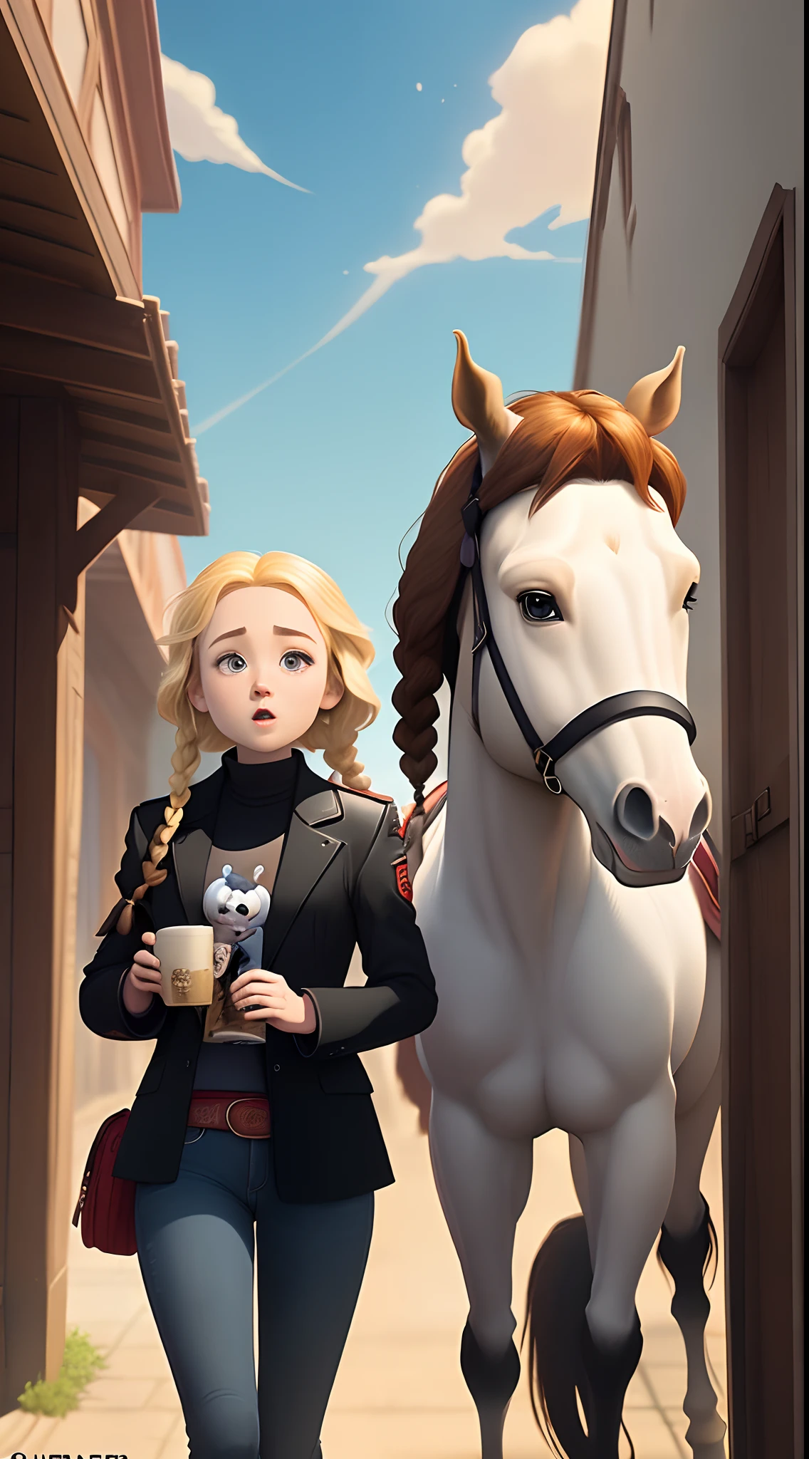 A Disney pixar-inspired movie poster with title "(Mari & Lika)". (girl white skin and brown and blonde hair with two braides with red show jacket with horse all black). The scene should be in the distinct digital art style of pixar, with the title "(Flying High)"