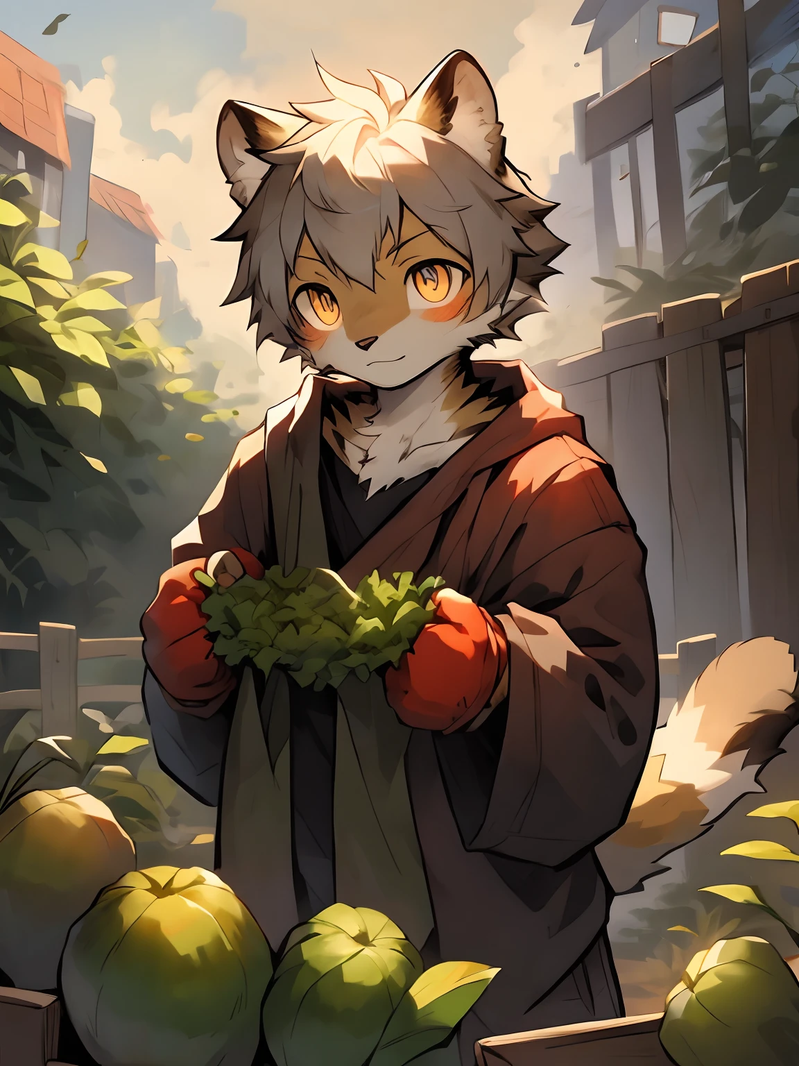 Masterpiece, Best quality, Perfect anatomy, Bright eyes, Watery eyes, author:Milk Tiger 1145, Furry, coyote, (Phyllis:0.3), Muscular male, Solo, wears, baggy clothes, mitts, Take the vegetables, vegetable garden, fence