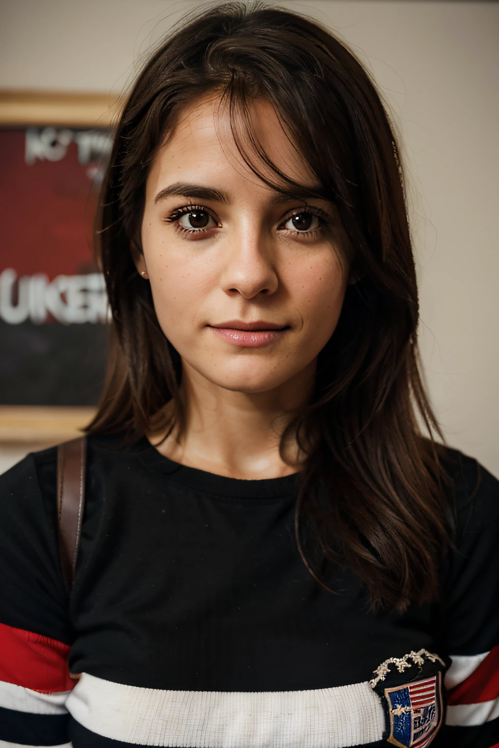 Create a realistic image of an English teacher looking at the camera. no fundo da imagem coloque uma quadro negro e uma bandeira do usa. A imagem tem que ser em 4k