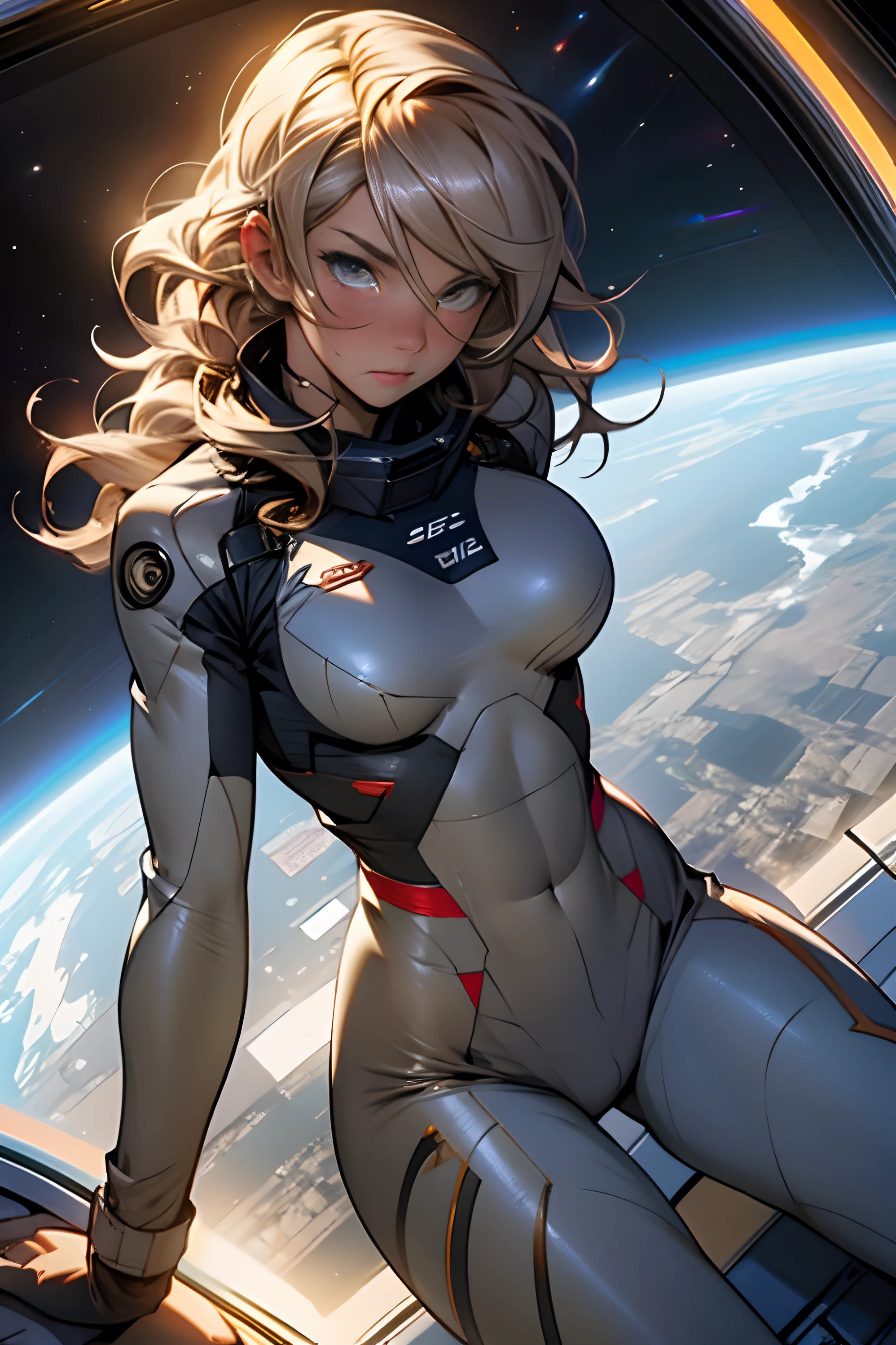 sandy hair fit body large breasts slender thighs slender waist pilot suit solo looking at viewer in space long hair blushing determination
