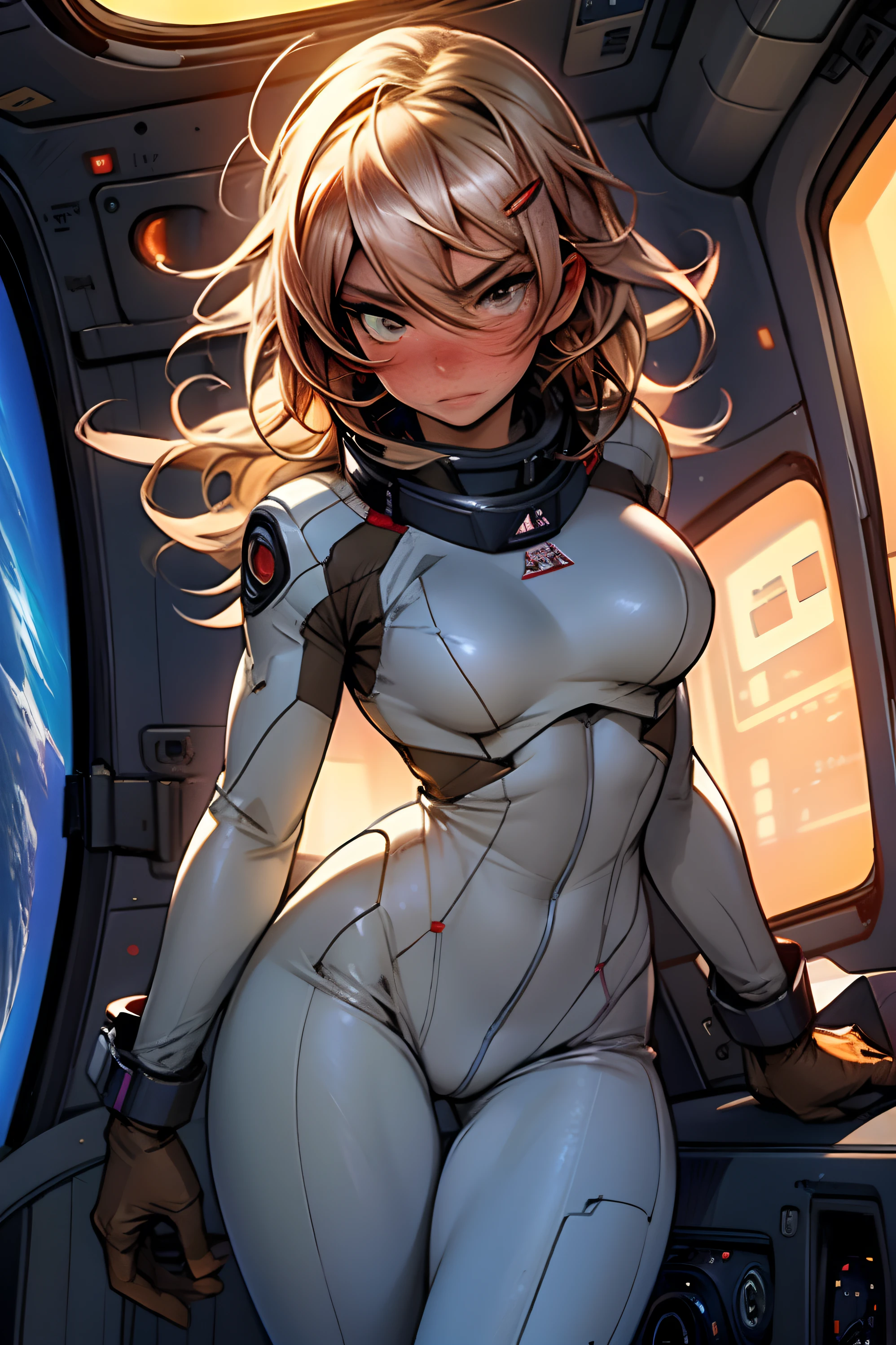 sandy hair fit body large breasts slender thighs slender waist pilot suit solo looking at viewer in space long hair blushing determination