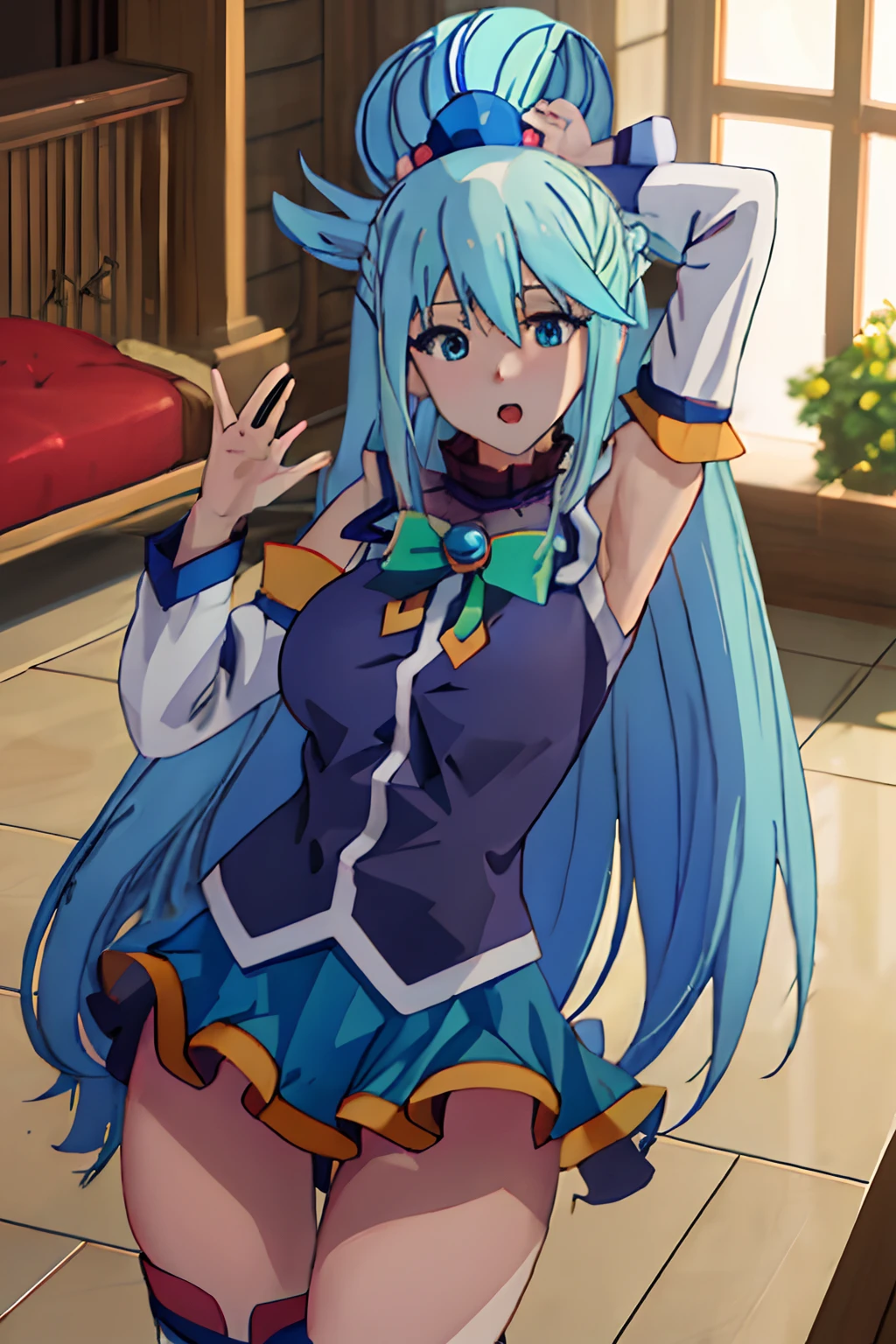 best quality, masterpiece, highres, solo, {aqua_konosuba:1.15}, long_hair, blue_hair, hair_ornament, hair_rings, blue_eyes, open_mouth, bow, green_bow, single_hair_ring, 1girl, anime_coloring, bare_shoulders, hair_between_eyes, bangs