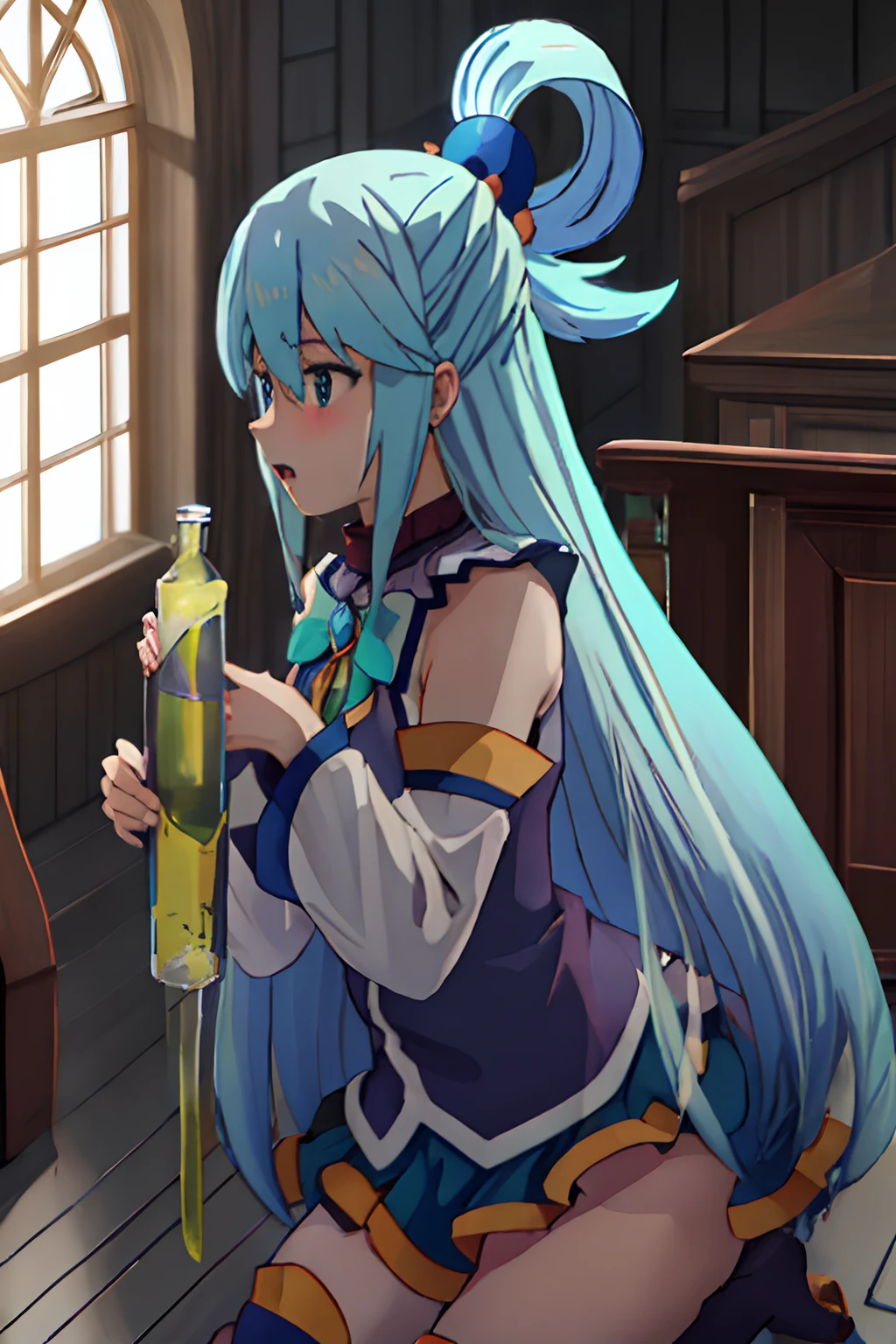best quality, masterpiece, highres, solo, {aqua_konosuba:1.15}, long_hair, blue_hair, hair_ornament, hair_rings, blue_eyes, open_mouth, bow, green_bow, single_hair_ring, 1girl, anime_coloring, bare_shoulders, hair_between_eyes, bangs