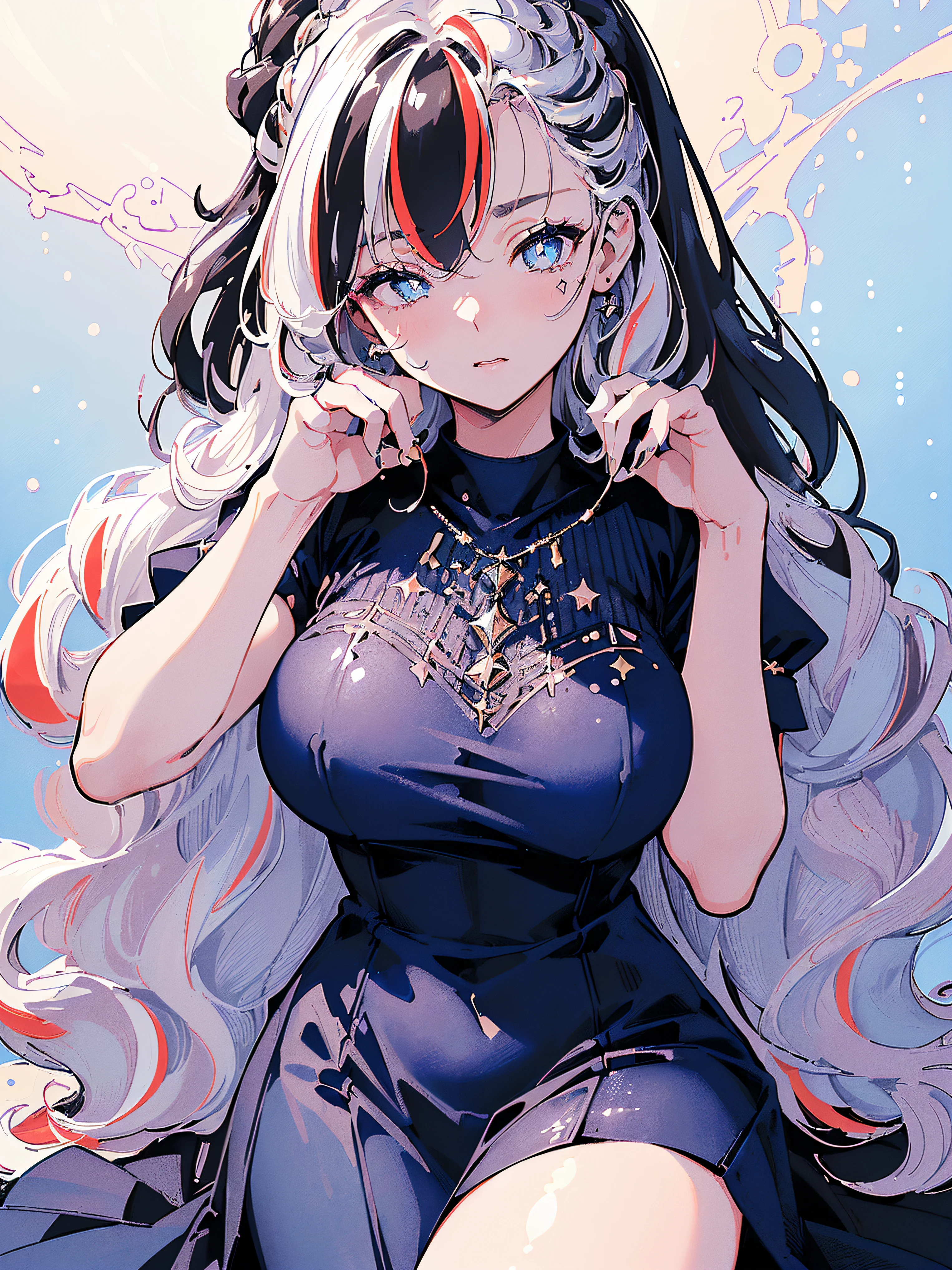 ((((((navy dress, puffy short sleeves, frilld, on the flower field,))))))((((Blush:1.2,Loose cuffs,))))(((((((Monochrome world, Use only shades of pearl white and inky blue and gery, sparkling particles, geomerty:1.2, ))))))),((1girl,tsundere,Amazing,Sharp focus,seductive lady,Solo,From above:1.3,Loose knitwear ,thigh band,))(Masterpiece,Best quality, offcial art, Beautiful and aesthetic:1.2),((hyper HD,yawning,Golden ratio,)) (16k),((Upper lens,facial tattoo)), ((( half closed eyes))), (((Sagging breasts))))),(Physically-based rendering),Sharp focus, (((highdetailskin,))),intricate outfits,Delicate pupils,Cardiac pupils,Danfeng Eyes,((((detailed hairs|Long hair|Long bold side bangs|Cover your eyes|Naturally curly|streaked hair)))),Slender,(masterpiece sidelighting),(The sheen),(Beautiful hair,Beautiful eyes,)((unbelievable Ridiculous,)),((extremely_Detailed_Eyes_and_face)),film quality,(Dynamic configuration: 1.2),Brilliant,Glossy, (Photorealistic), ((star pupils)), two-sided fabric,Ultra-precise depiction, Ultra-detailed depiction,