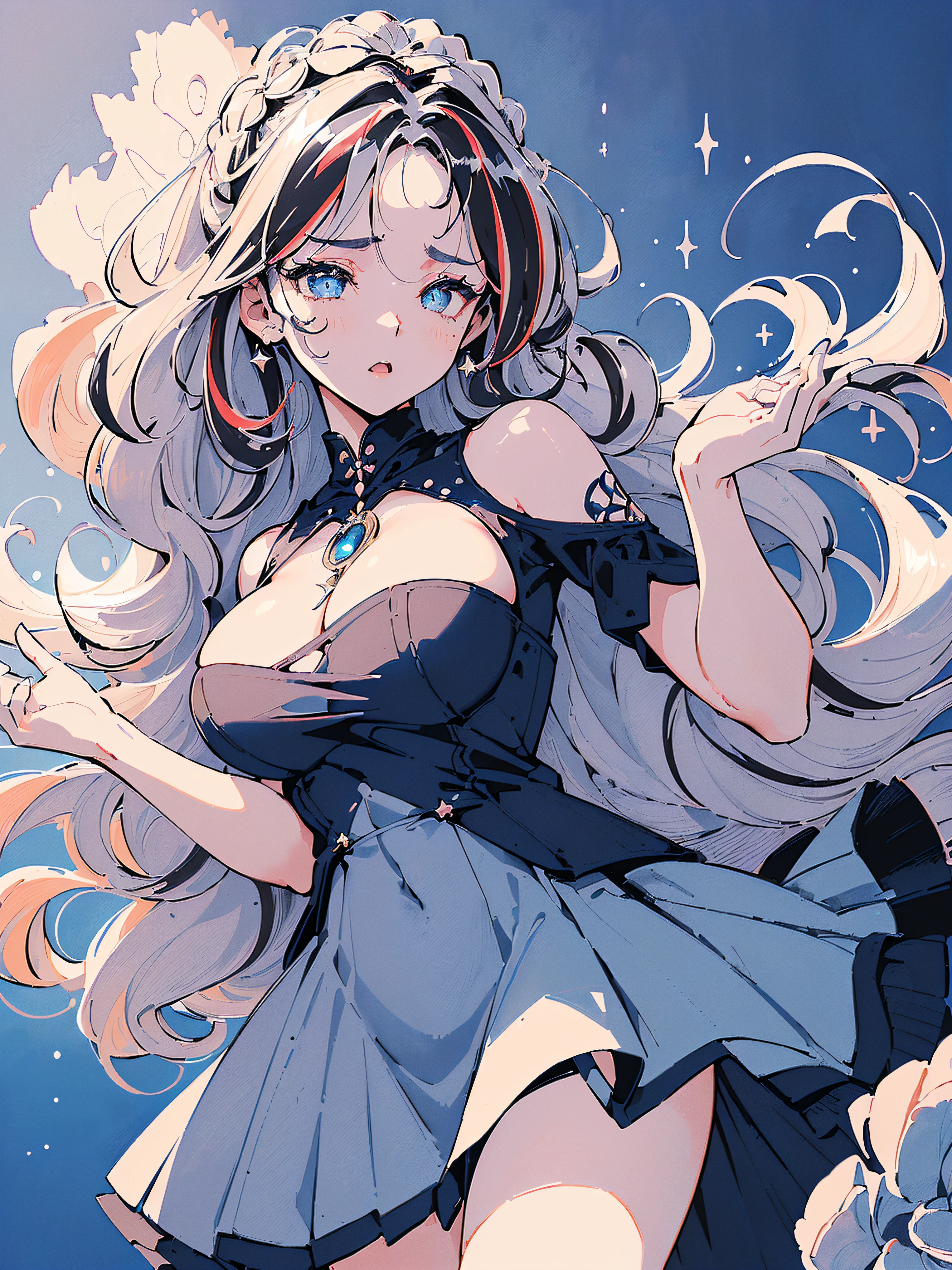 ((((((navy dress, puffy short sleeves, frilld, on the flower field,))))))((((Blush:1.2,Loose cuffs,))))(((((((Monochrome world, Use only shades of pearl white and inky blue and gery, sparkling particles, geomerty:1.2, ))))))),((1girl,tsundere,Amazing,Sharp focus,seductive lady,Solo,From above:1.3,Loose knitwear ,thigh band,))(Masterpiece,Best quality, offcial art, Beautiful and aesthetic:1.2),((hyper HD,yawning,Golden ratio,)) (16k),((Upper lens,facial tattoo)), ((( half closed eyes))), (((Sagging breasts))))),(Physically-based rendering),Sharp focus, (((highdetailskin,))),intricate outfits,Delicate pupils,Cardiac pupils,Danfeng Eyes,((((detailed hairs|Long hair|Long bold side bangs|Cover your eyes|Naturally curly|streaked hair)))),Slender,(masterpiece sidelighting),(The sheen),(Beautiful hair,Beautiful eyes,)((unbelievable Ridiculous,)),((extremely_Detailed_Eyes_and_face)),film quality,(Dynamic configuration: 1.2),Brilliant,Glossy, (Photorealistic), ((star pupils)), two-sided fabric,Ultra-precise depiction, Ultra-detailed depiction,