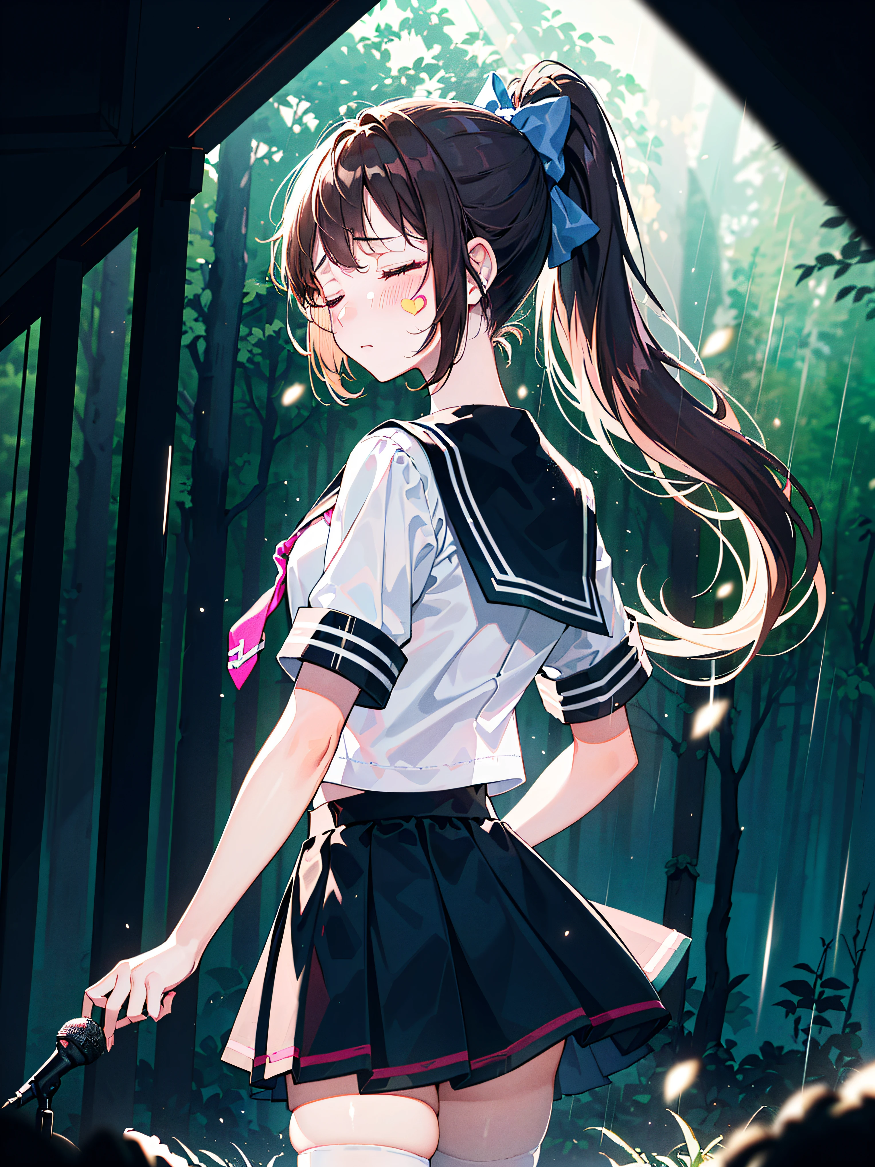 ((((Sharp focus,Vaporwave,Depression angle 30 degrees, closed eyes,embarrassed,blush stickers,))))((microphone,standing microphone,fashion design,))(Masterpiece illustration,Beautiful and aesthetic:1.2,Dramatic composition:1.2), Best quality,Top quality, Epic quality,((forest,norwegian forest,raining,raind,)(Sun glare, Bokeh, Depth of field, The background is blurred out, Light particles, neo-classical, OP Art, god light,))Neat face,underage,Young,Beautiful detailed hair,brown hair,hyper HD, retinas, Textured skin, A high resolution, 16k ,((ponytail,long hair,Large bow on ponytail)),Detailed face, 1JK, 1girll,Solo, Perfect face, Very amazing girl,(black sailor uniform,White sailor tie at front,zettai ryouiki),The light from the back window is backlighted,rim-light,