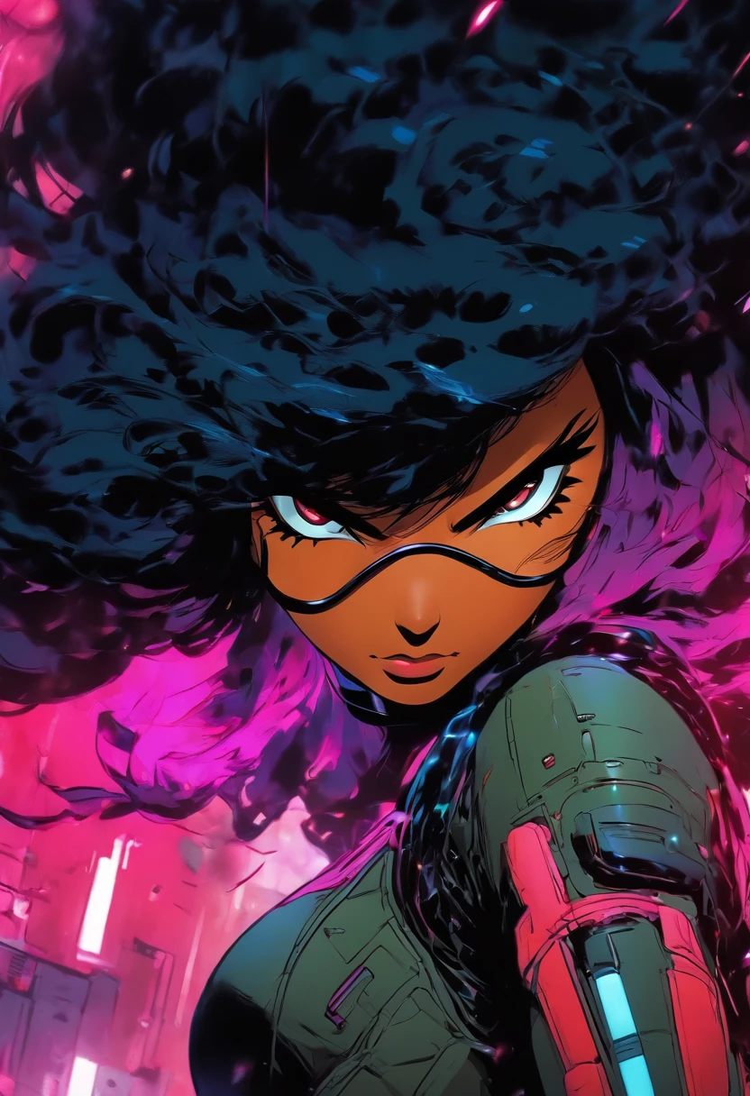(best quality,realistic:1.37),ultra-detailed,highres,cyberpunk G.I. Joe woman,beautiful detailed eyes,beautiful detailed lips,extremely detailed face,long black hair,pretty girl,low cut black and red slim suit,glasses,1980's,action pose,ultra-fine painting,portrait,neon colors,white background,realism anime art style.