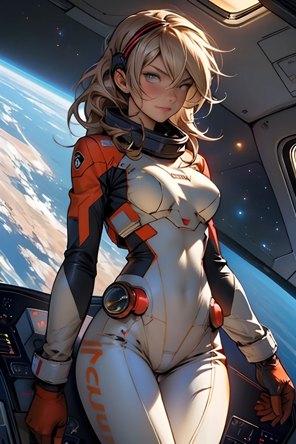 sandy hair muscular large breasts slender thighs slender waist pilot suit solo looking at viewer in space long hair blushing determination