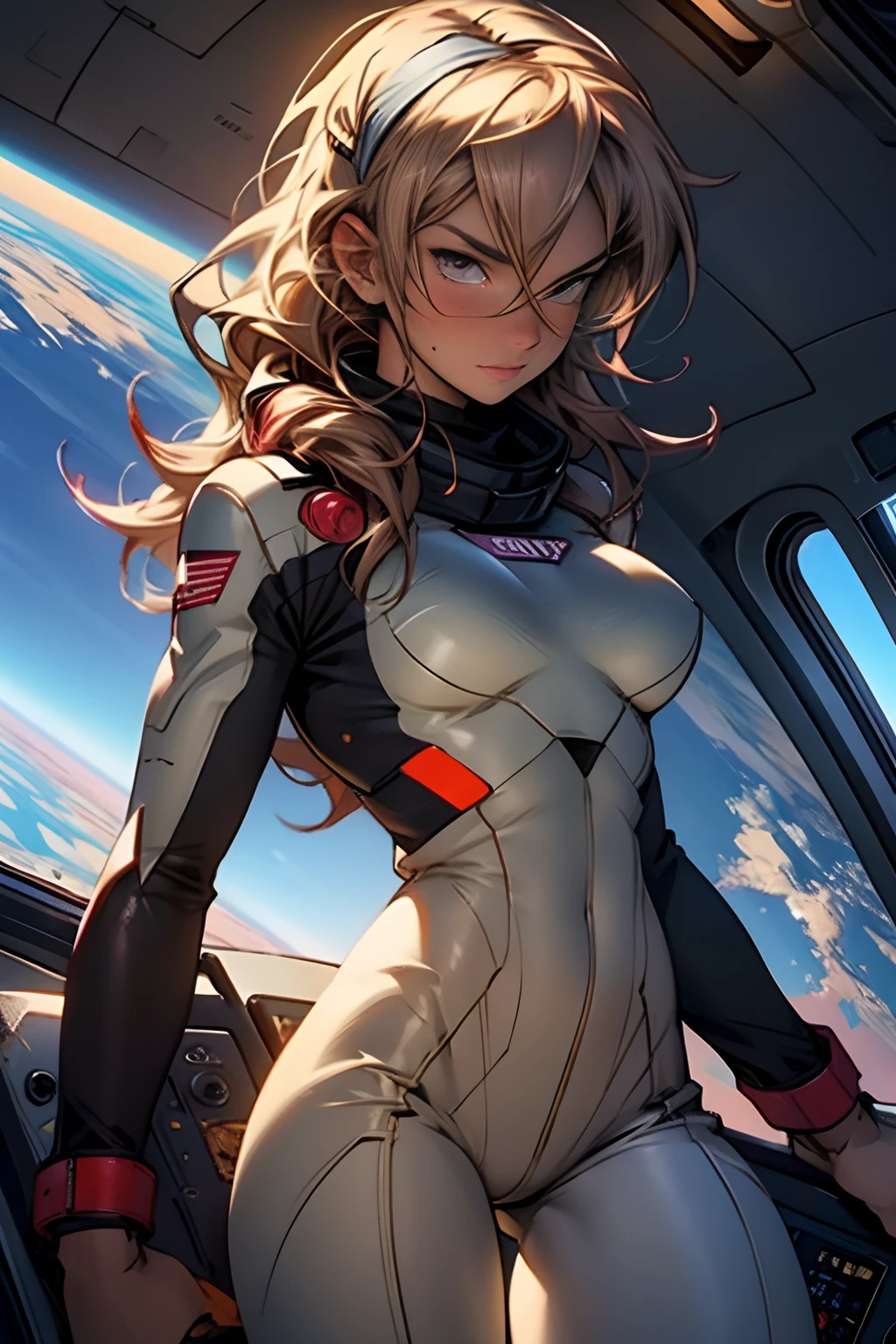 sandy hair fit body large breasts slender thighs slender waist pilot suit solo looking at viewer in space long hair blushing determination