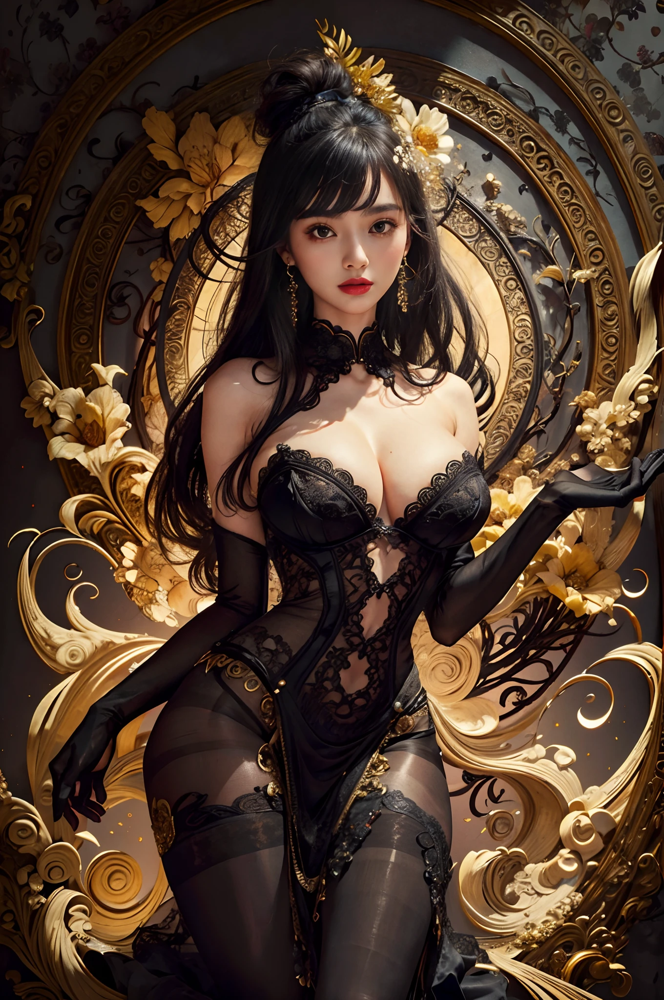 (Masterpiece, Top Quality, Best Quality, Beauty and Aesthetics: 1.2), (1girl: 1.3), Very Detailed, (Fractal Art: 1.1), (Color: 1.1) (Flowers: 1.3), Most Detailed, (Zentangle: 1.2), (Dynamic Pose), (Abstract Background: 1.3), (Chinese Dress: 1.2), (Shiny Skin), (many colors:1.4), ,(earrings:1.4), 16k, award-winning photos, extremely detailed, amazing, fine details, ridiculous, 20 years old, sexy theme, high detail, extremely detailed eyes and face, glare eyes, ((((black pantyhose)))), good hips and long legs, beautiful face, perfect face shape, perfect body, oversize model, mature woman, (((high and long legs))), (((very large breasts))), Perfect for wearing tight, simple clothes, high heels, photography 4 Kodak Portra 400 camera F1. 6 colorful lenses, ultra-realistic textures, dramatic lighting IrrealEngine ArtStation Cinestill 800 Tungsten Lamp on the trend, (((full body))), there is a woman sitting in a chair in the room, Masterpiece: 1.2, Best Quality, Ultra High Resolution, Realistic, Ultra-Realistic Detail, Clear Focus, (Real Pictures, Fine Production, Depth of Field), Solo, Beautiful Girl, Masterpiece: 1.2, best quality, masterpiece, ultra-high resolution, realism, ultra-realistic detail, clear focus, (real picture, meticulously crafted, depth of field), solo, beautiful girl, masterpiece:1.2, best quality), (close-up, real picture, meticulously crafted, depth of field), solo, [Xu Ruizhi: Pei Zhuyan; Ashiraya 0.4] sparkling eyes, perfect eyes, 20 years old, sexy theme, (((sexy lingerie))),high detail, perfect face shape, perfect body, oversize model, mature woman, (((tall long legs))), extra huge breasts, full body,