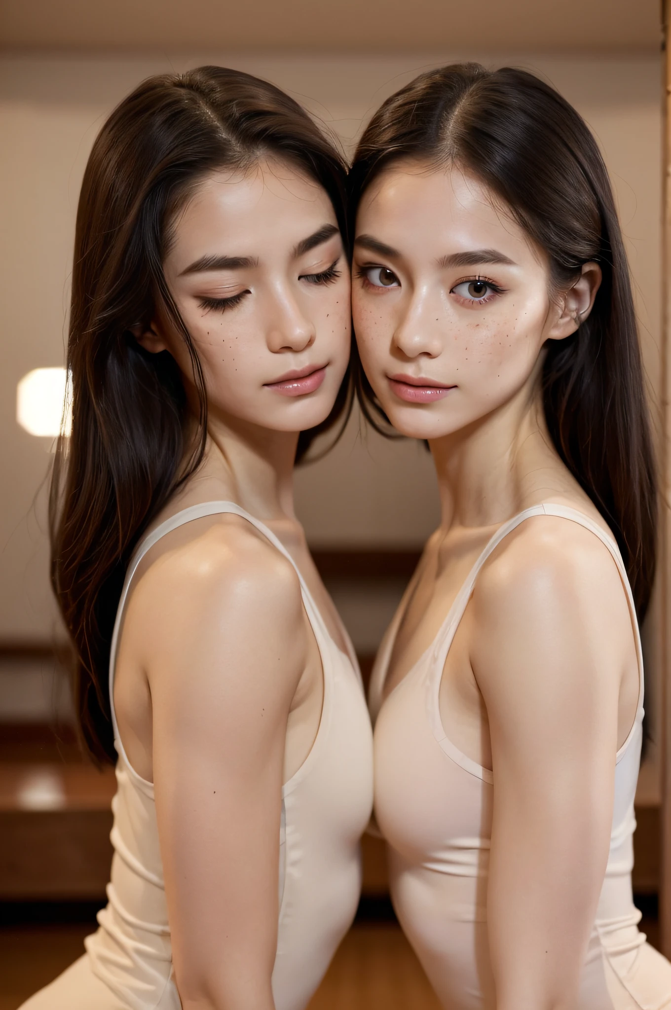 Two beautiful female ballet dancers squeeze together, identical twins, high detailed face, night, eyes closed, in a dance studio, masterpiece, muscular bodies, dark hair, freckles