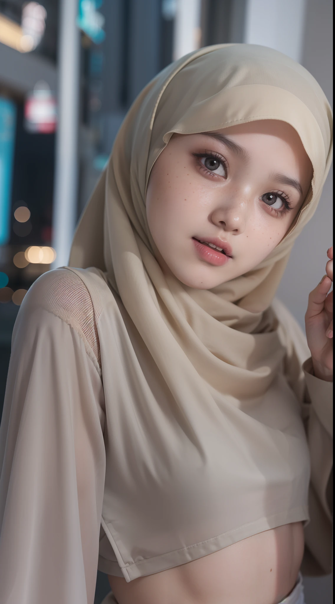 cinematic shot, centered, cinematography, intricately detailed, crafted, meticulous, magnificent, maximum details, extremely hyper aesthetic, realistic, malaysian girl (((1girl, solo))), 18age, hijab, (((center))),