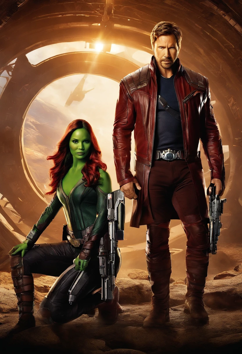 Em um futuro distante, In the galaxy farther away, A group of misfit anti-heroes, known as 'The Guardians of the Galaxy', finds yourself in a life-or-death situation. A ruthless assassin named John Wick is summoned by a powerful intergalactic empire to hunt down the Guardians, who inadvertently stole a priceless artifact. Wick's reputation is legendary, but the Guardians are not to be trifled with. Enquanto isso, Chuck Norris, um misterioso e todo-poderoso guerreiro interdimensional, is drawn into the galaxy and begins to interfere with events, with your unrivaled skills. Agora, the Guardians of the Galaxy, liderados por Star-Lord e acompanhados por Gamora, Drax, Rocket e Groot, must face the unstoppable John Wick and decipher the mystery surrounding the presence of Chuck Norris. An epic battle unfolds, onde tiroteios intensos, melee fights and space action mix with a touch of quirky Guardians of the Galaxy humor