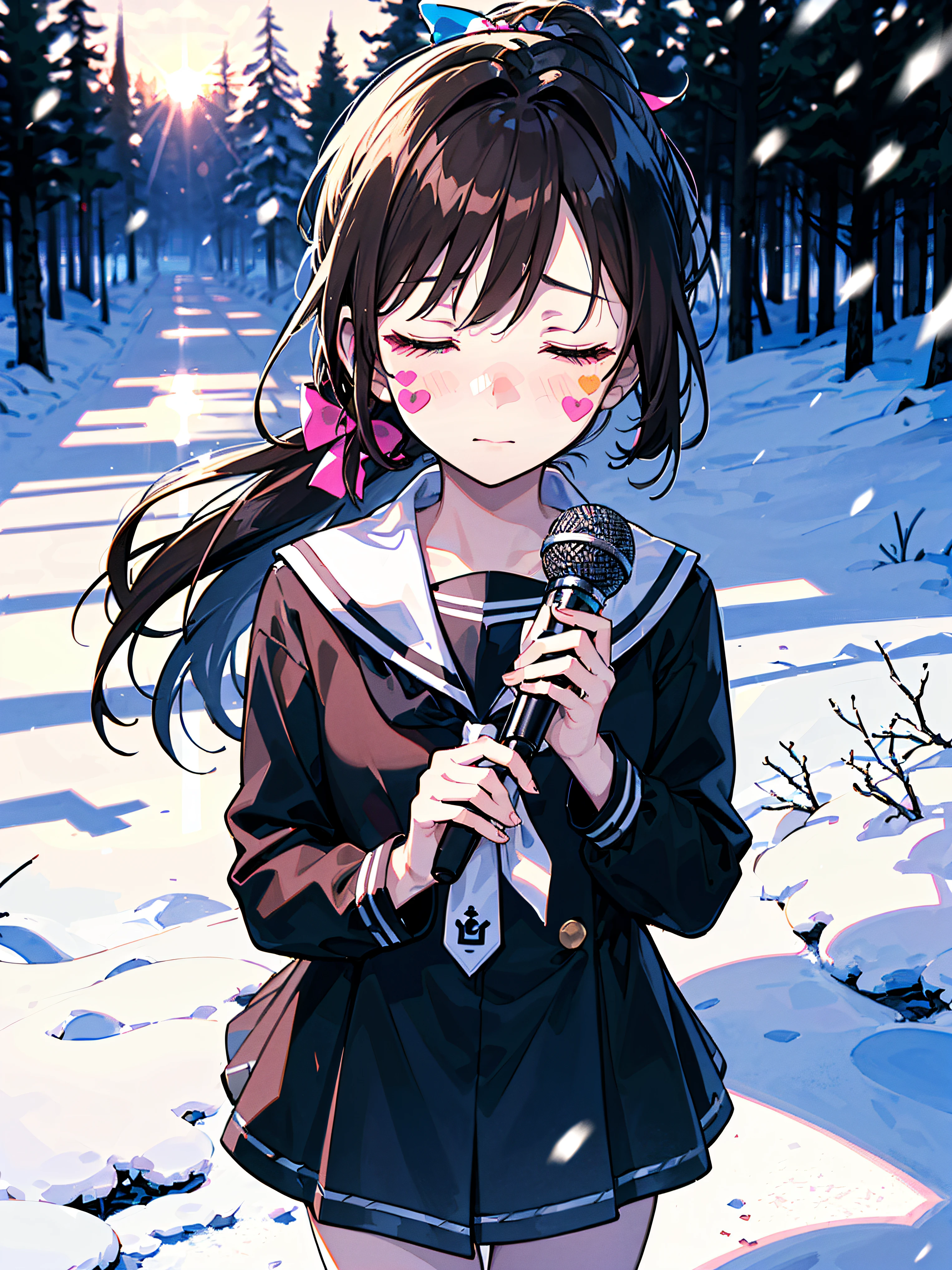 ((((Sharp focus，Vaporwave,Depression angle 30 degrees， closed eyes,embarrassed,blush stickers,))))((microphone,standing microphone,fashion design,))(Masterpiece illustration,Beautiful and aesthetic:1.2,Dramatic composition：1.2), Best quality,Top quality, Epic quality,((forest,norwegian forest,snowing,snow pieces,)(Sun glare, Bokeh, Depth of field, The background is blurred out, Light particles, neo-classical, OP Art, god light,))Neat face,underage,Young,Beautiful detailed hair，brown hair，hyper HD, retinas, Textured skin, A high resolution, 16k ，((pony tails,long hair,Large bow on ponytail)),Detailed face, 1JK, 1girll,Solo, Perfect face, Very amazing girl,(black sailor uniform,White sailor tie at front),The light from the back window is backlighted,rim-light,