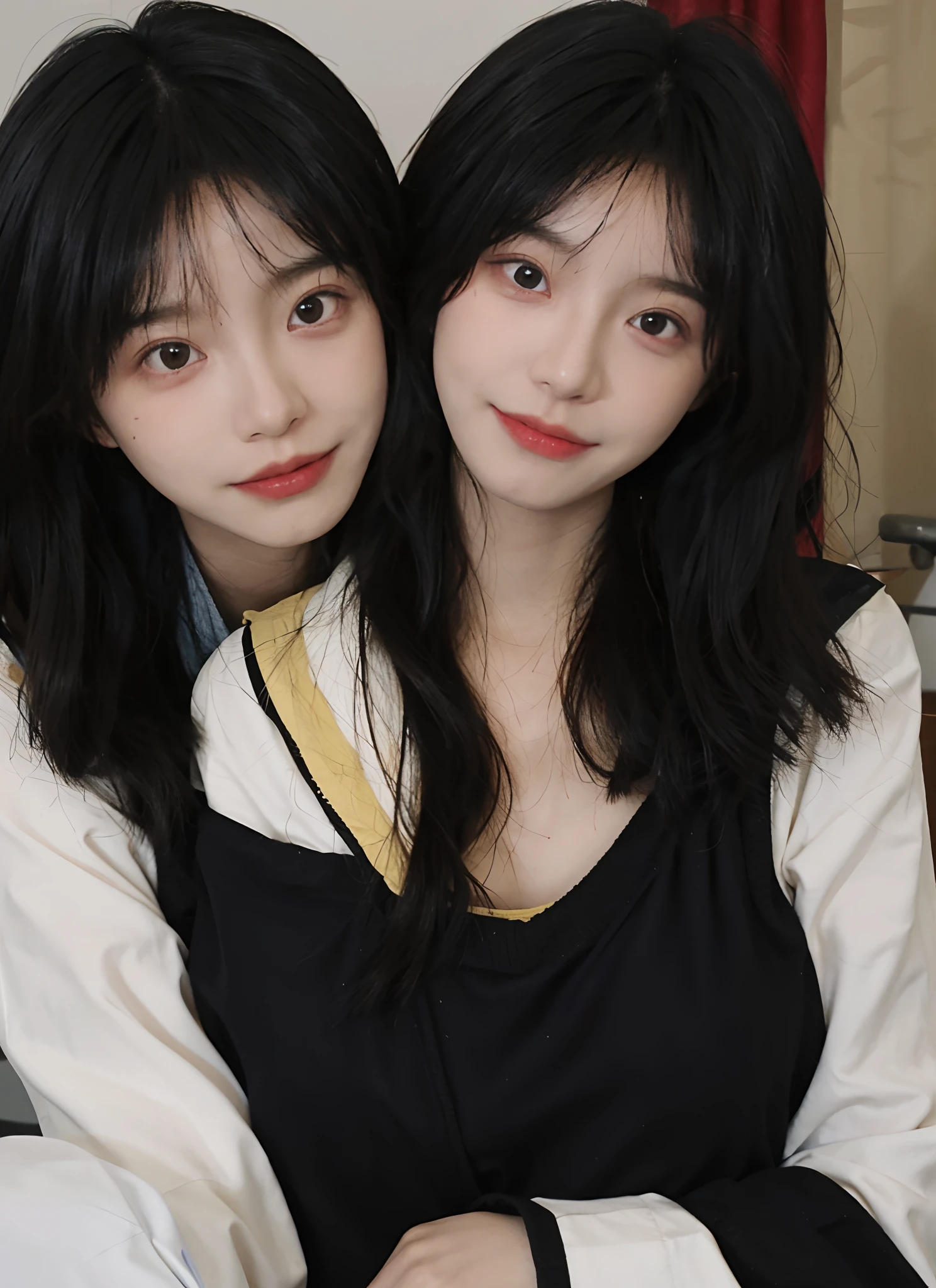 best qualtiy, 超高分辨率, (realisticlying:1.4), one-girl, A pair of eyes as clear as snow,Royal Sister,Black long straight,yellow school uniforms, (big cleavage breasts:1.3), looking at viewert, closeup cleavage ,