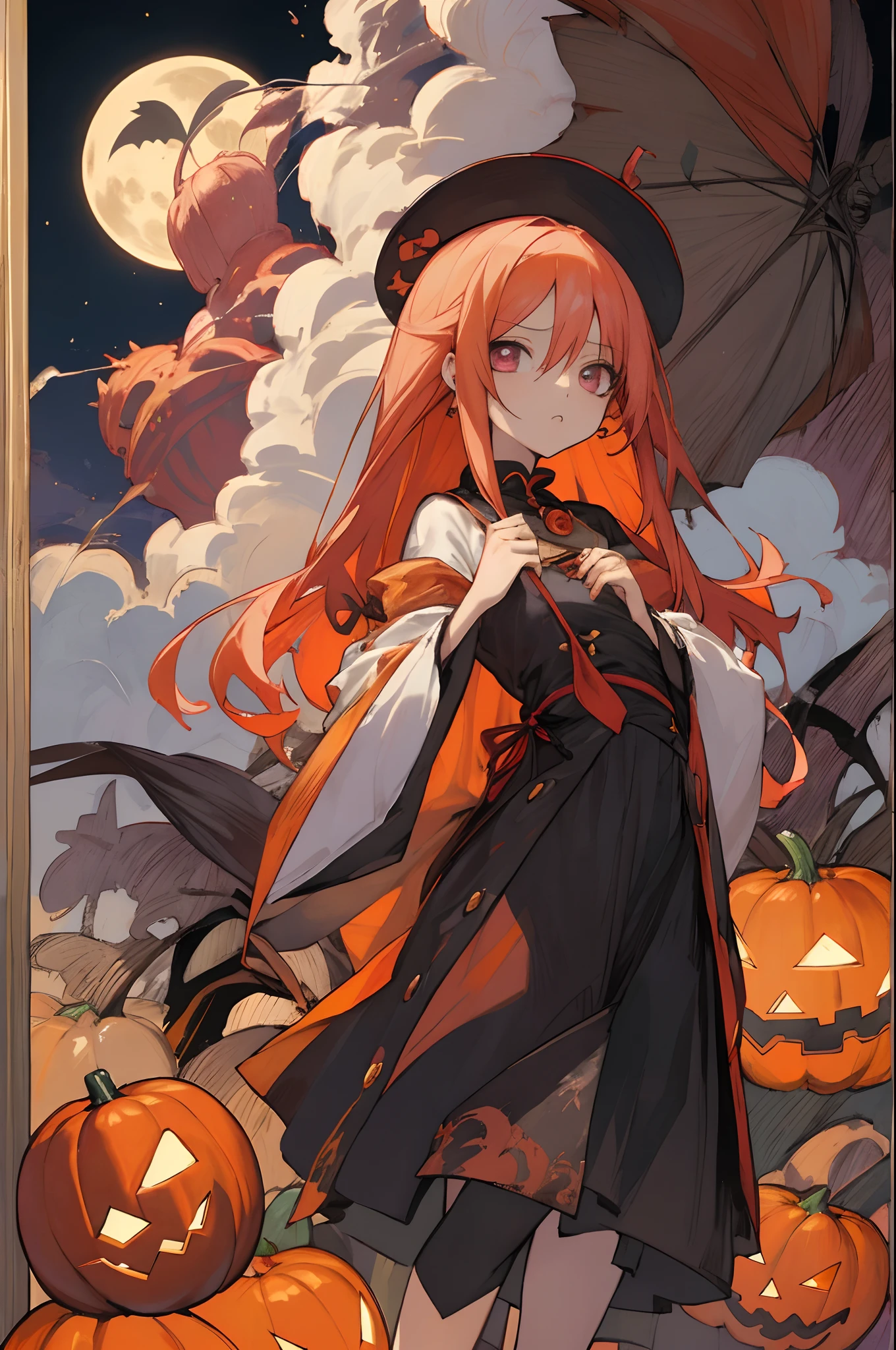 Chico y chica de anime en disfraces de Halloween con calabazas en el fondo, tumblr, ❤🔥🍄🌪, Estilo aterrador, 🍂 hermoso, Estilo anime 2D, ✨🕌🌙, Estilo de arte de Halloween, Mysterious and somber art style, Akehiko Inoue y Ross Tran, con ojos brillantes, Estilo de arte espeluznante, ☁🌪🌙👩🏾, Ambiente de Halloween, ,