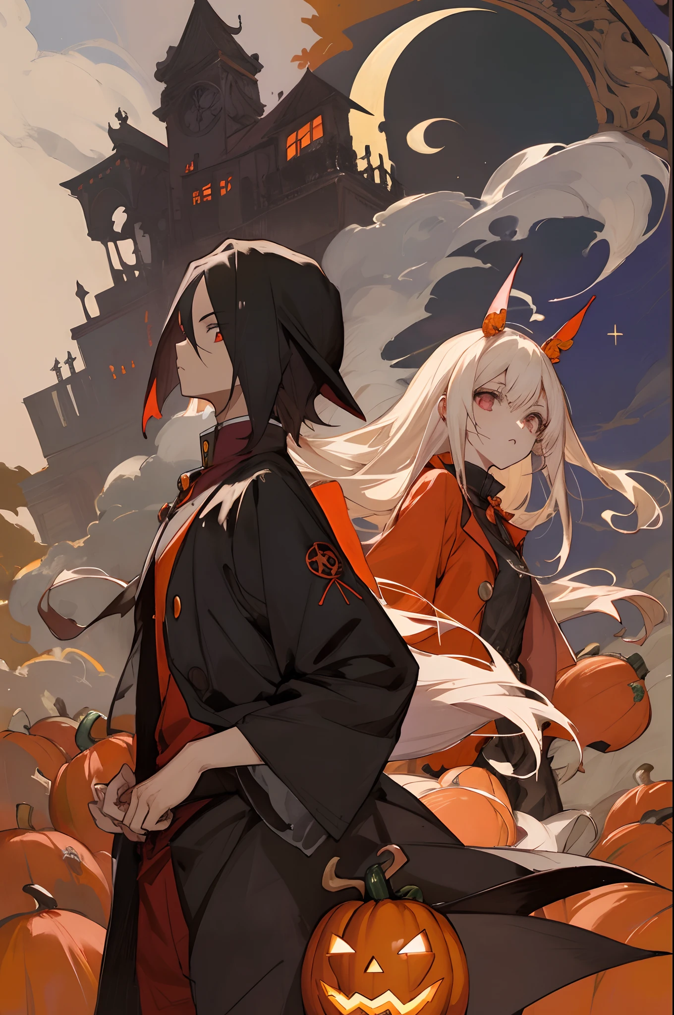 Chico y chica de anime en disfraces de Halloween con calabazas en el fondo, tumblr, ❤🔥🍄🌪, Estilo aterrador, 🍂 hermoso, Estilo anime 2D, ✨🕌🌙, Estilo de arte de Halloween, Mysterious and somber art style, Akehiko Inoue y Ross Tran, con ojos brillantes, Estilo de arte espeluznante, ☁🌪🌙👩🏾, Ambiente de Halloween, ,