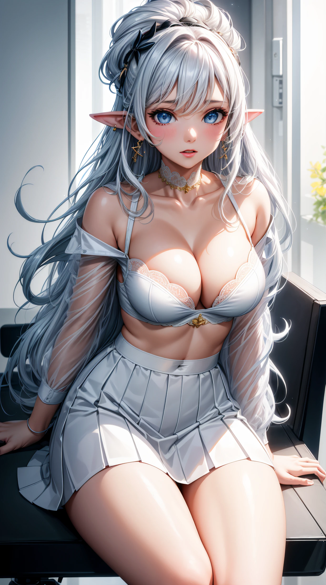(best quality:1.5, highres, UHD, 4K, detailed lighting, shaders), white wavy hair, gradient hair, large breasts, woman small shirt, small skirt, white panties, pwhite skirt, (pov), full body, white background, colorful eyeshadow, dramatic lighting, sparkling eyes, confident expression, golden earrings, flowing hair, delicate facial features, soft skin, high cheekbones, stylish clothing, urban setting, sitting on the chair at the back, picture at the back, white background