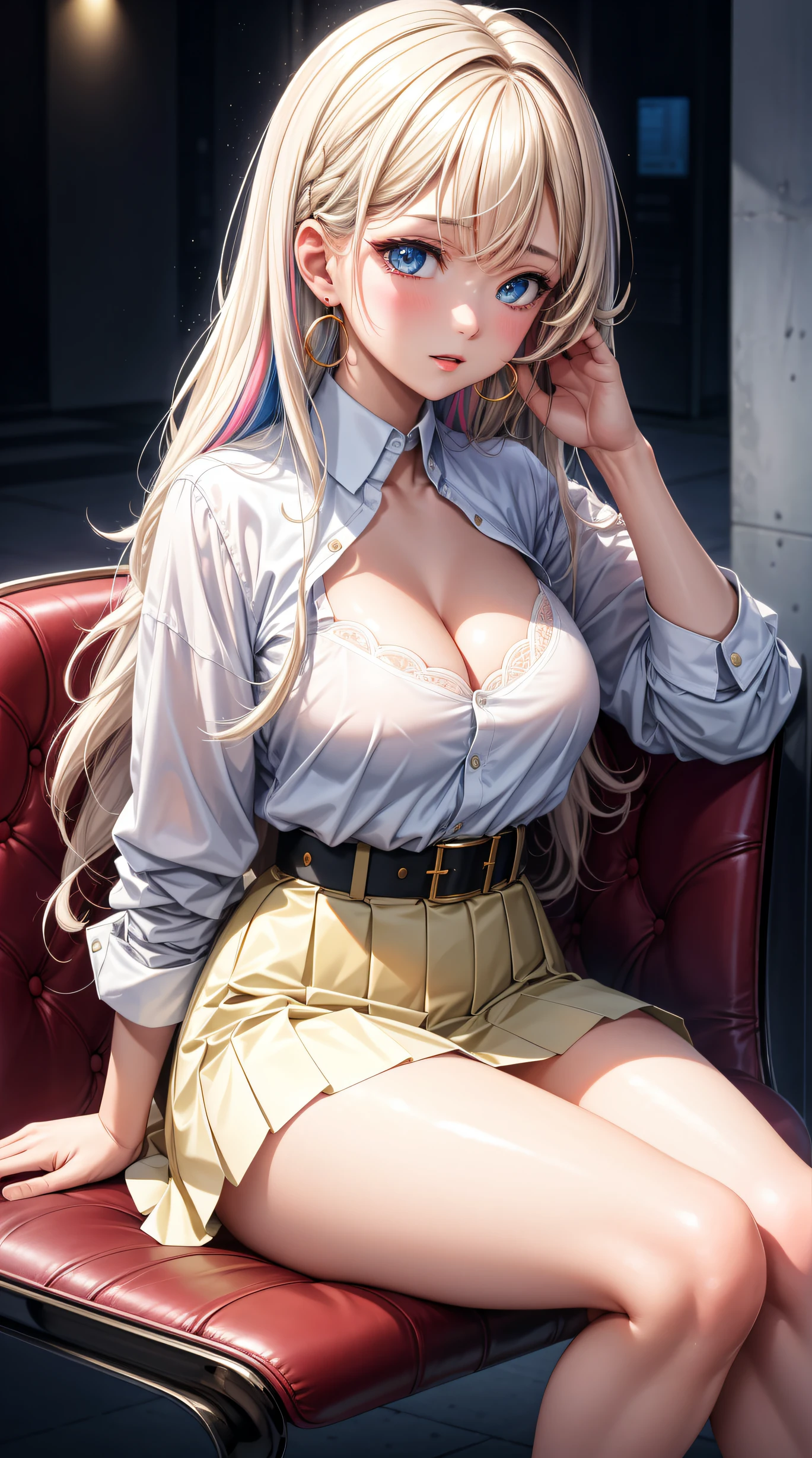 (best quality:1.5, highres, UHD, 4K, detailed lighting, shaders), white wavy hair, gradient hair, large breasts, woman small shirt, small skirt, white panties, pwhite skirt, (pov), full body, white background, colorful eyeshadow, dramatic lighting, sparkling eyes, confident expression, golden earrings, flowing hair, delicate facial features, soft skin, high cheekbones, stylish clothing, urban setting, sitting on the chair at the back, picture at the back, white background