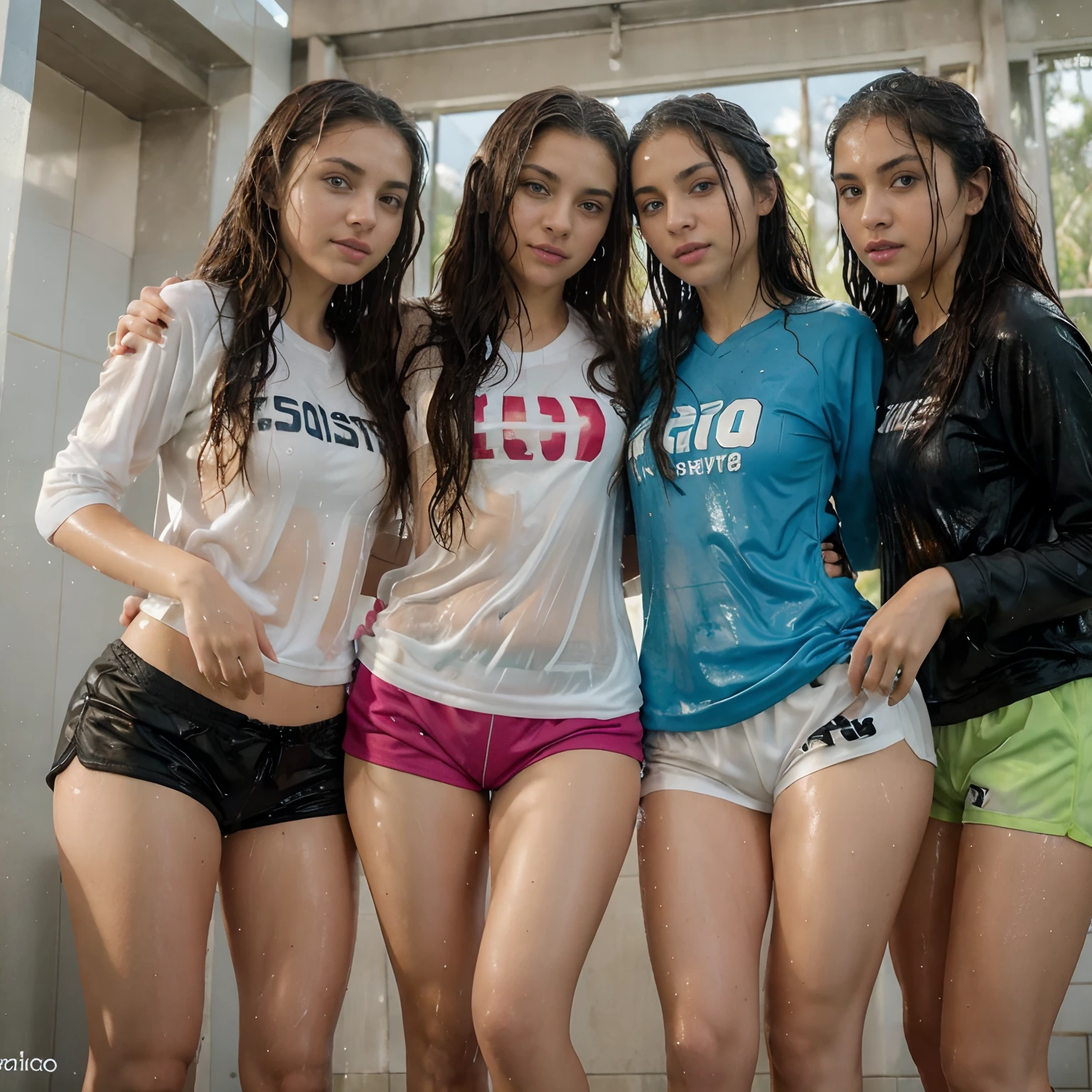 college girls showering together in their soccer uniforms, wet clothes, wet bodies, wet hair, sensual, see through, varied ethnicity, looking at each other, embracing, playful, splashing, soaked, drenched, dripping wet, long shirts, soccer shorts, dirty, muddy, socks, sneakers, ultra detailed faces, masterpiece, best quality, hd, 8k, photorealistic, low angle shot, nsfw