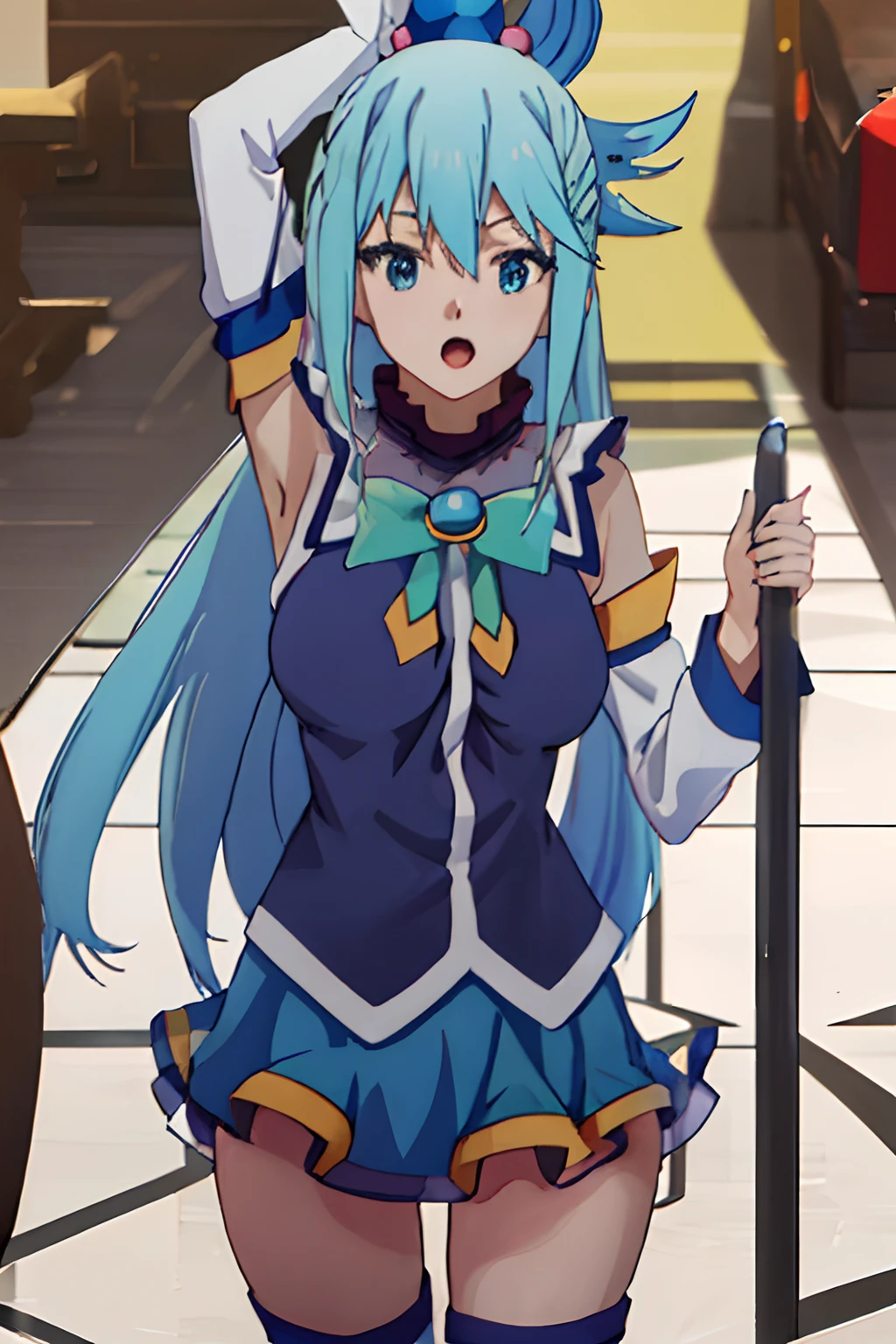 best quality, masterpiece, highres, solo, {aqua_konosuba:1.15}, long_hair, blue_hair, hair_ornament, hair_rings, blue_eyes, open_mouth, bow, green_bow, single_hair_ring, 1girl, anime_coloring, bare_shoulders, hair_between_eyes, bangs